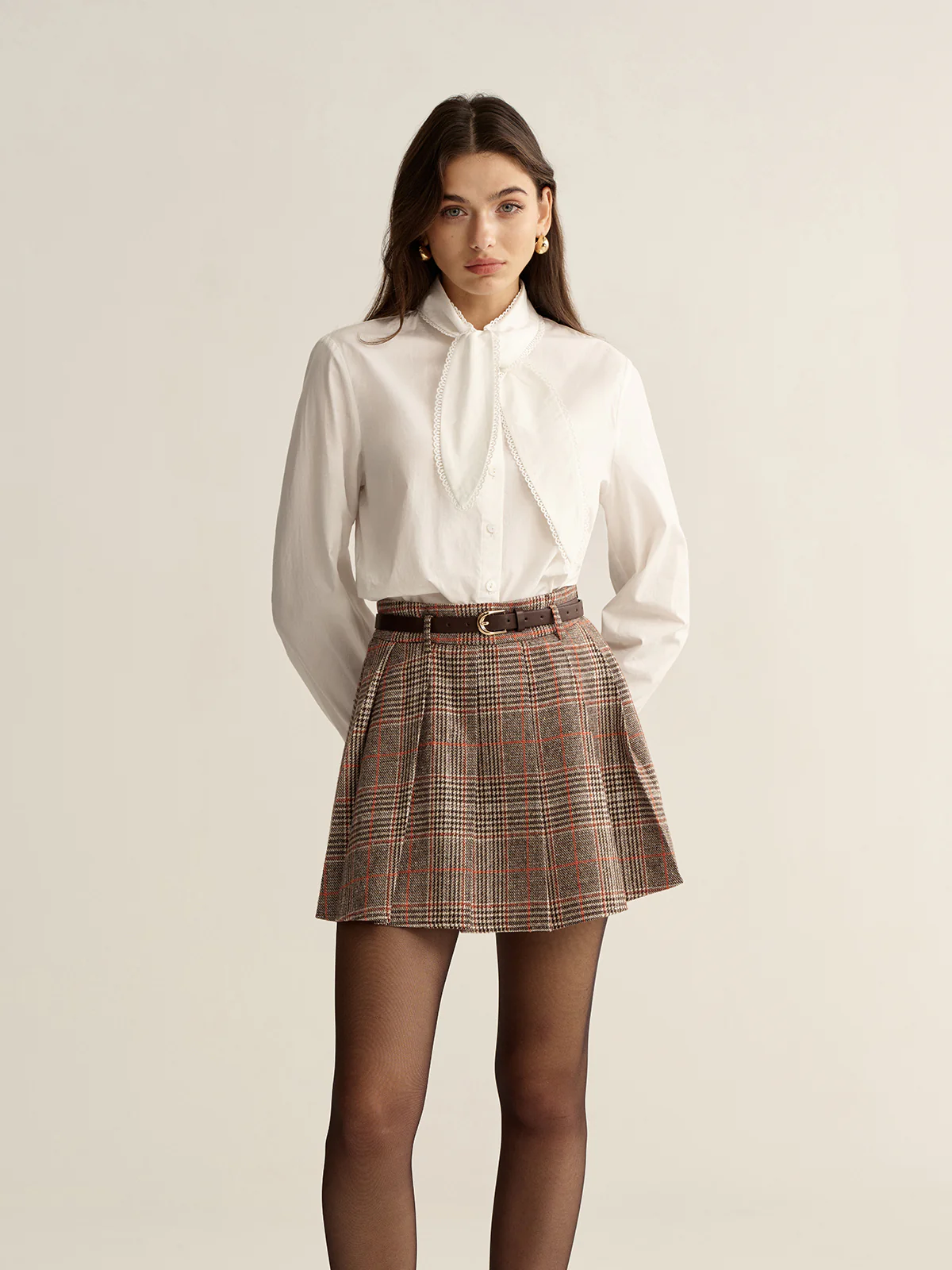Lace-Trim Tie Neck Cotton Blouse - Image 3