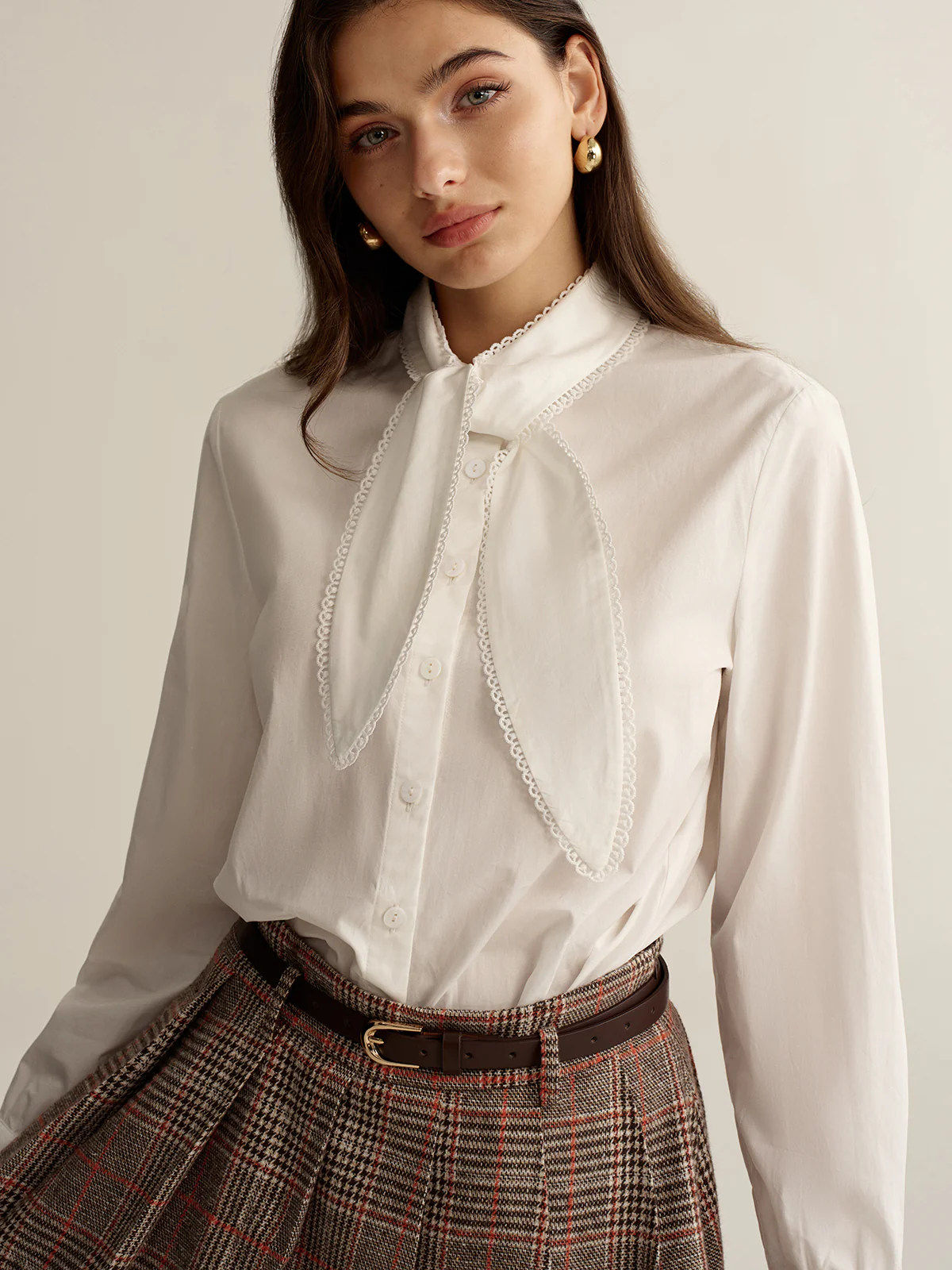 Lace-Trim Tie Neck Cotton Blouse - Image 5