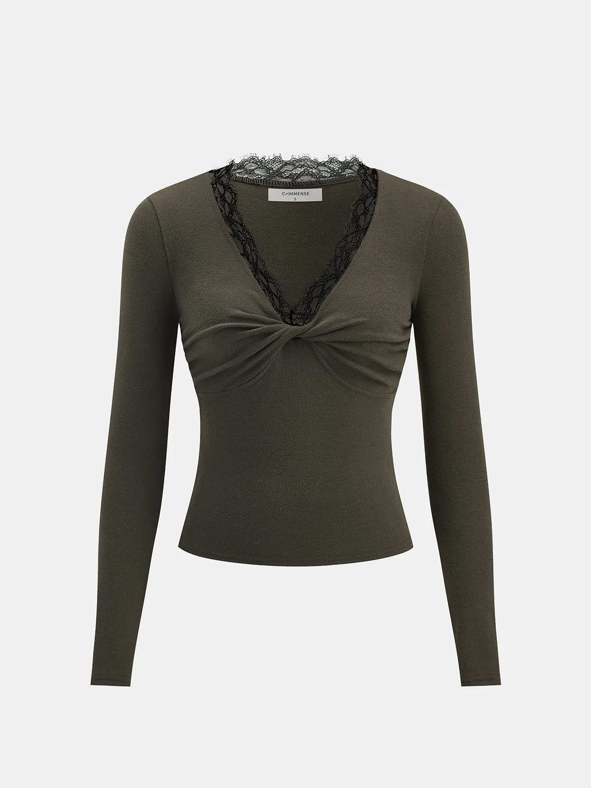 Lace Trim V-Neck Twist Long-Sleeve Top