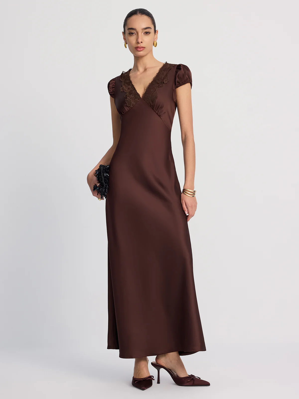 Lace-Trimmed Satin V-Neck Maxi Dress - Image 3