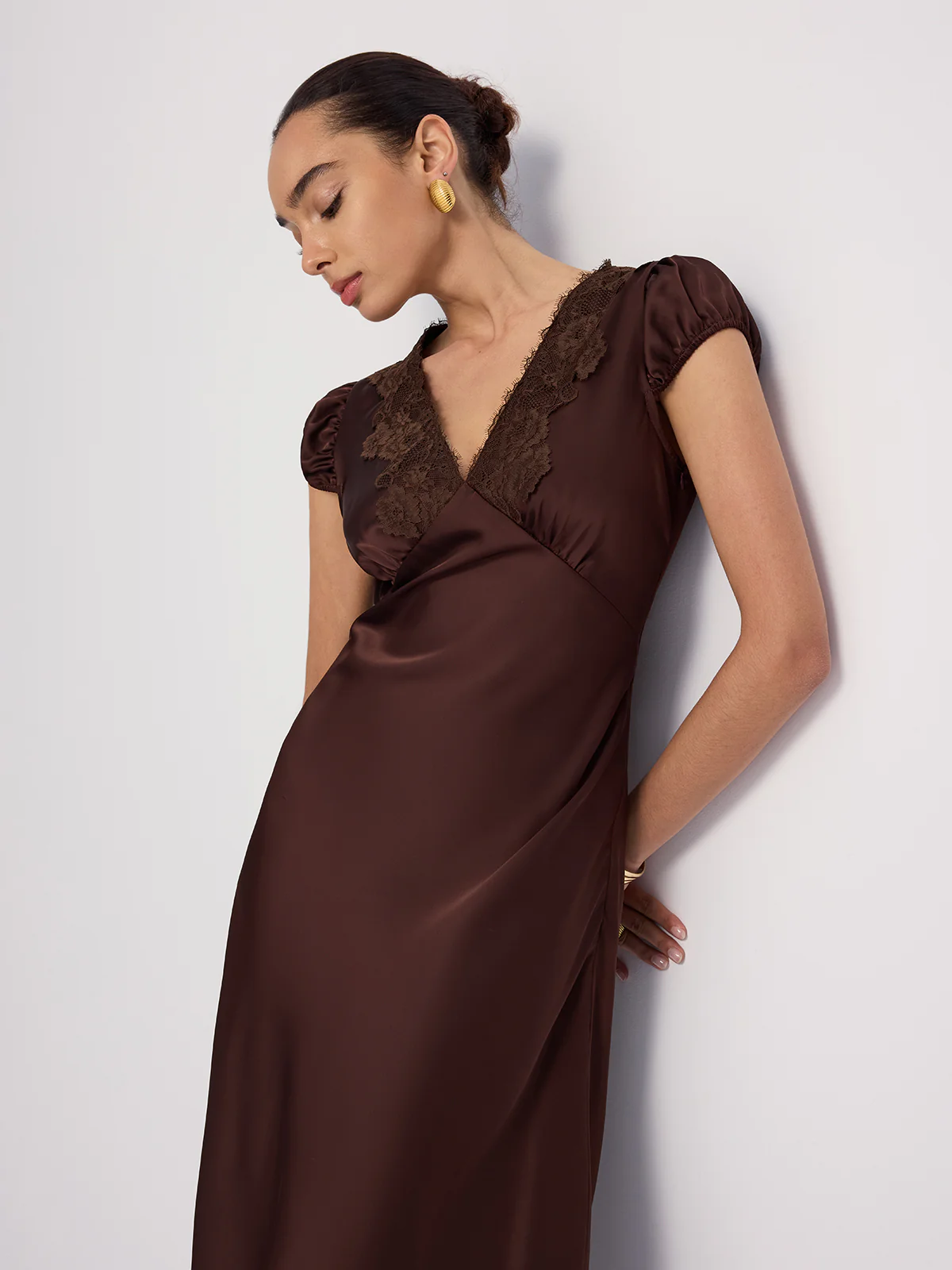 Lace-Trimmed Satin V-Neck Maxi Dress - Image 4