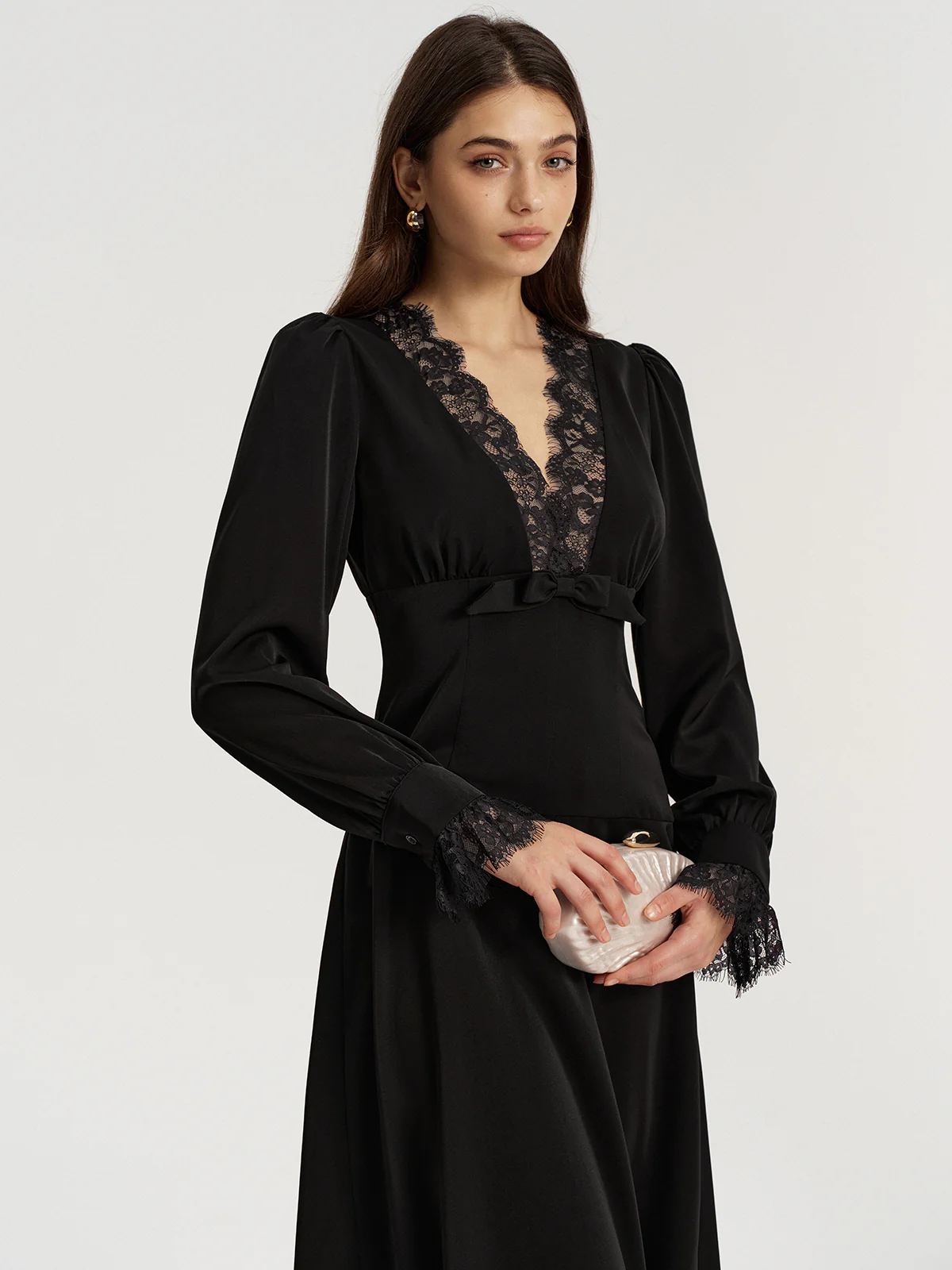 Lace V-Neck Bow Detail Satin Midi Dress