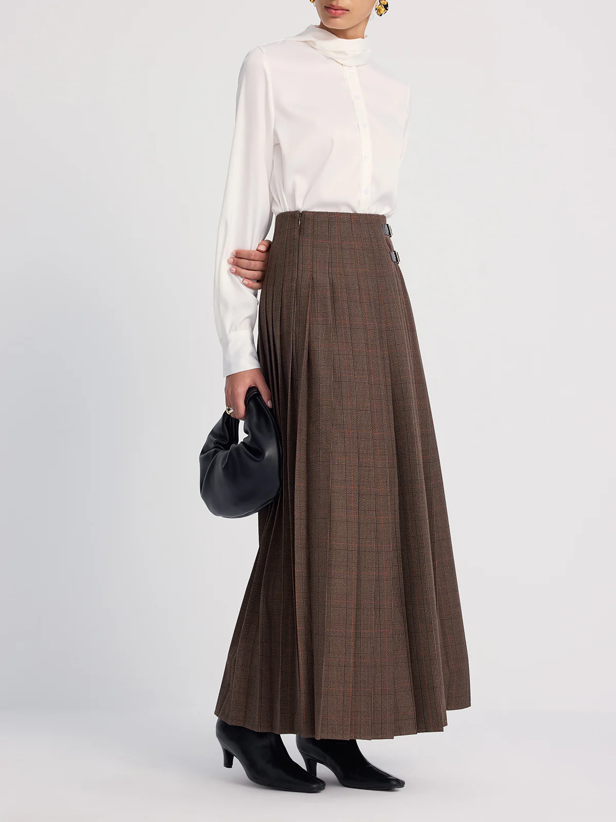 Leather-Buckle Pleated Plaid Maxi Skirt - Image 5