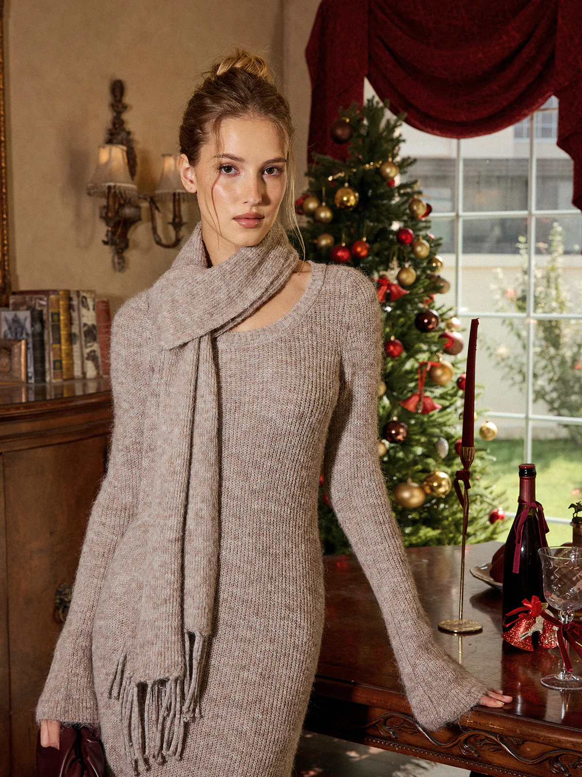 Long Sleeve Knit Maxi Dress with Scarf - Image 3