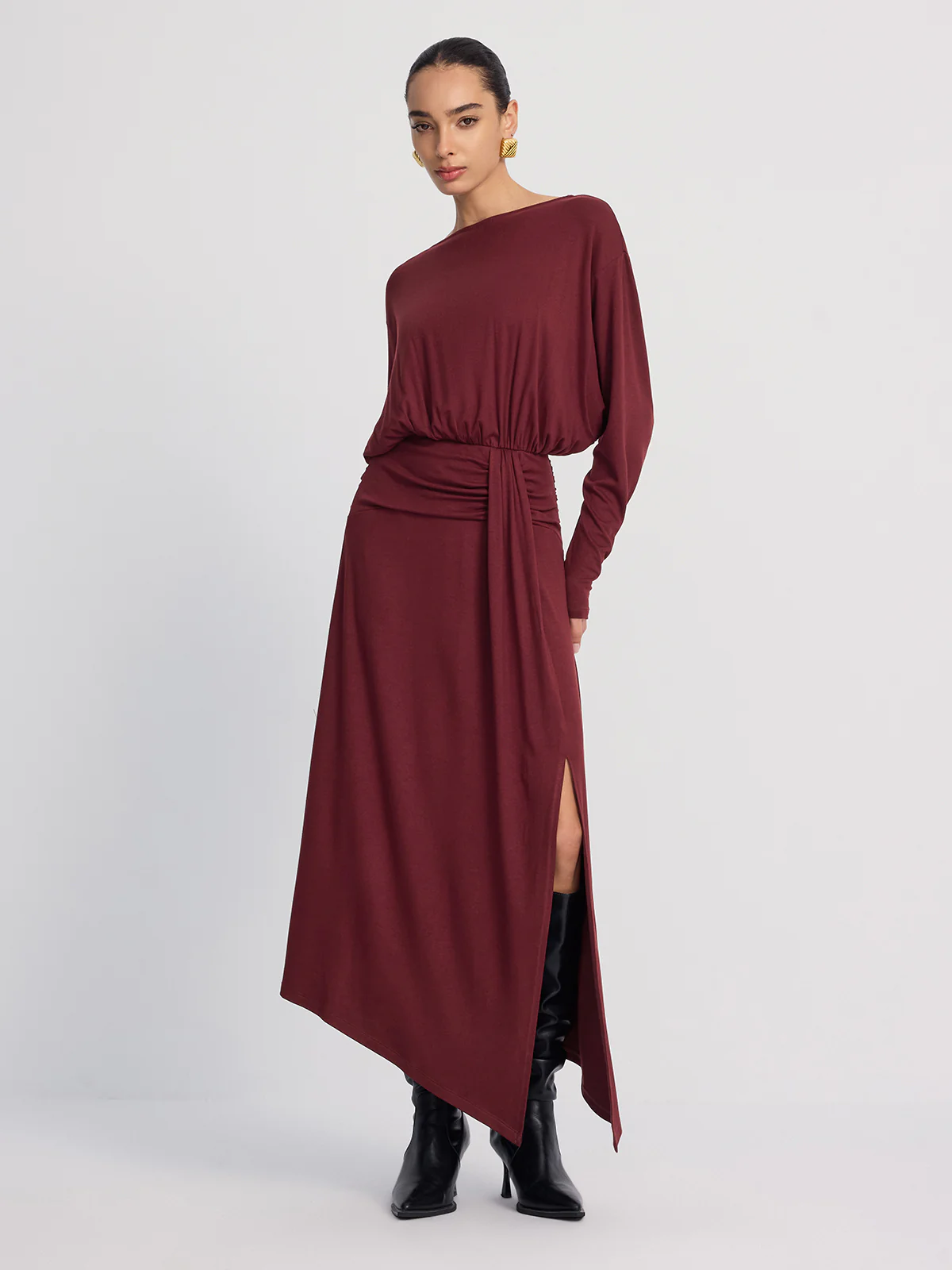 Long Sleeve Ruched Slit Maxi Dress - Image 2