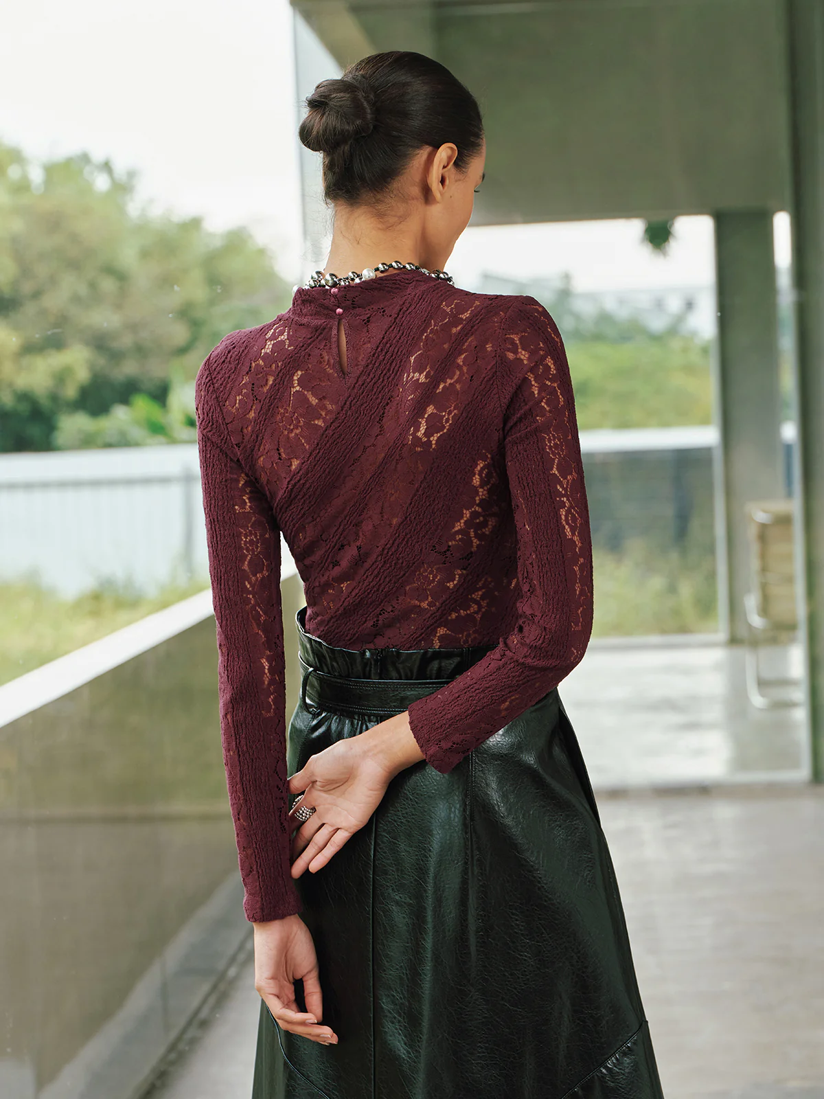 Long Sleeve Sheer Lace Fitted Blouse - Image 5