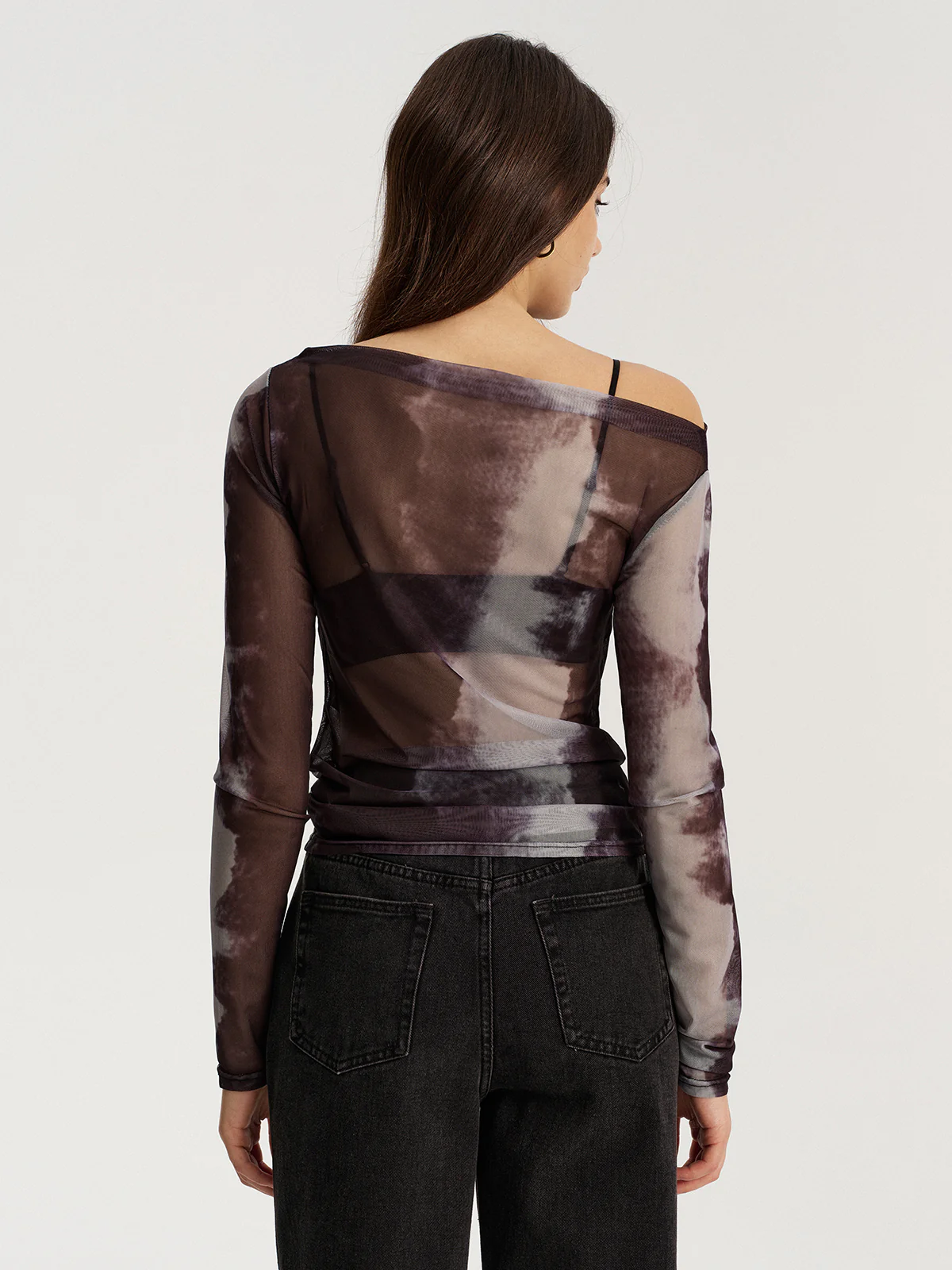 Mesh Tie-Dye Off-Shoulder Long Sleeve T-Shirt - Image 5