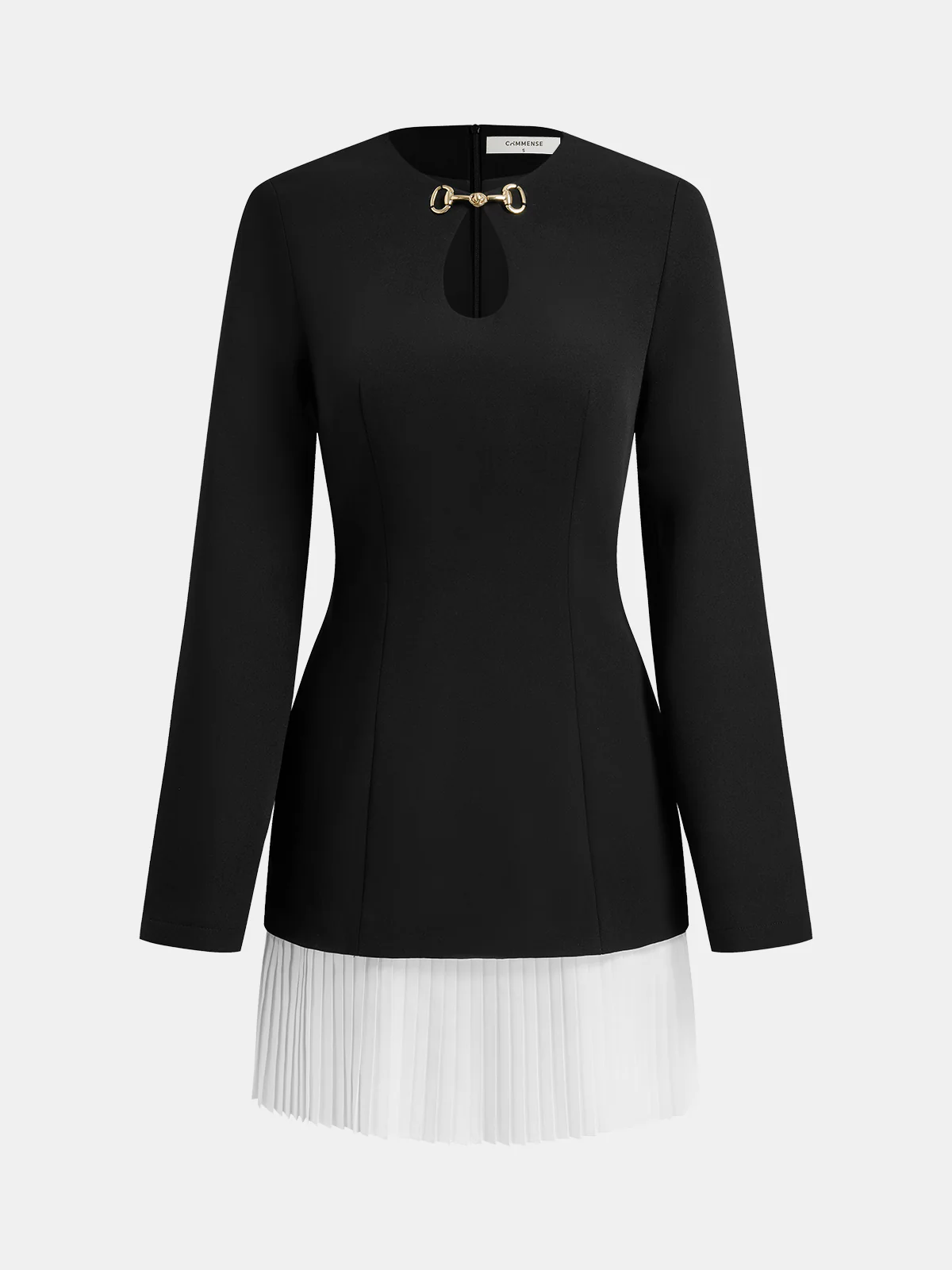 Metal-Buckle Cutout Contrast-Pleat Dress