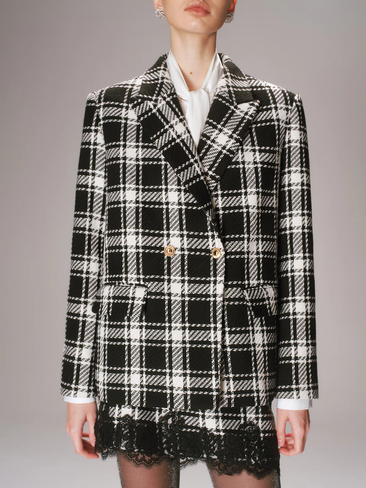 Metal Button Plaid Tweed Blazer - Image 4