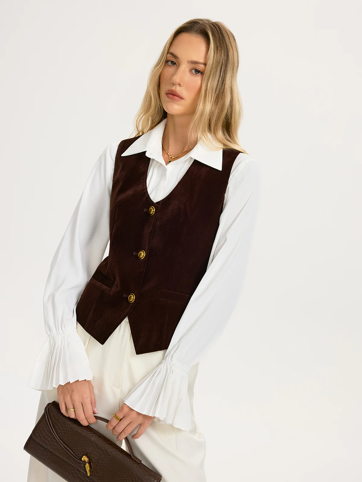 Metal Button Velvet Sleeveless Vest
