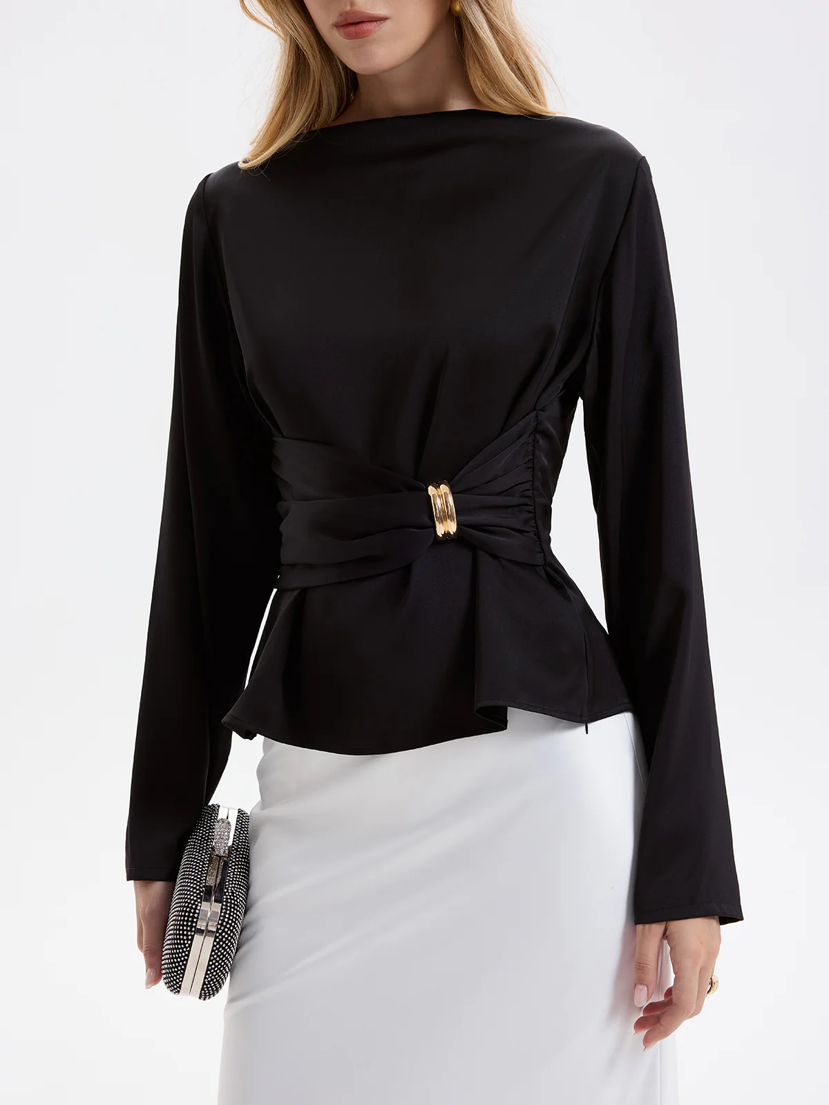 Metal Detail Ruched Waist Satin Blouse