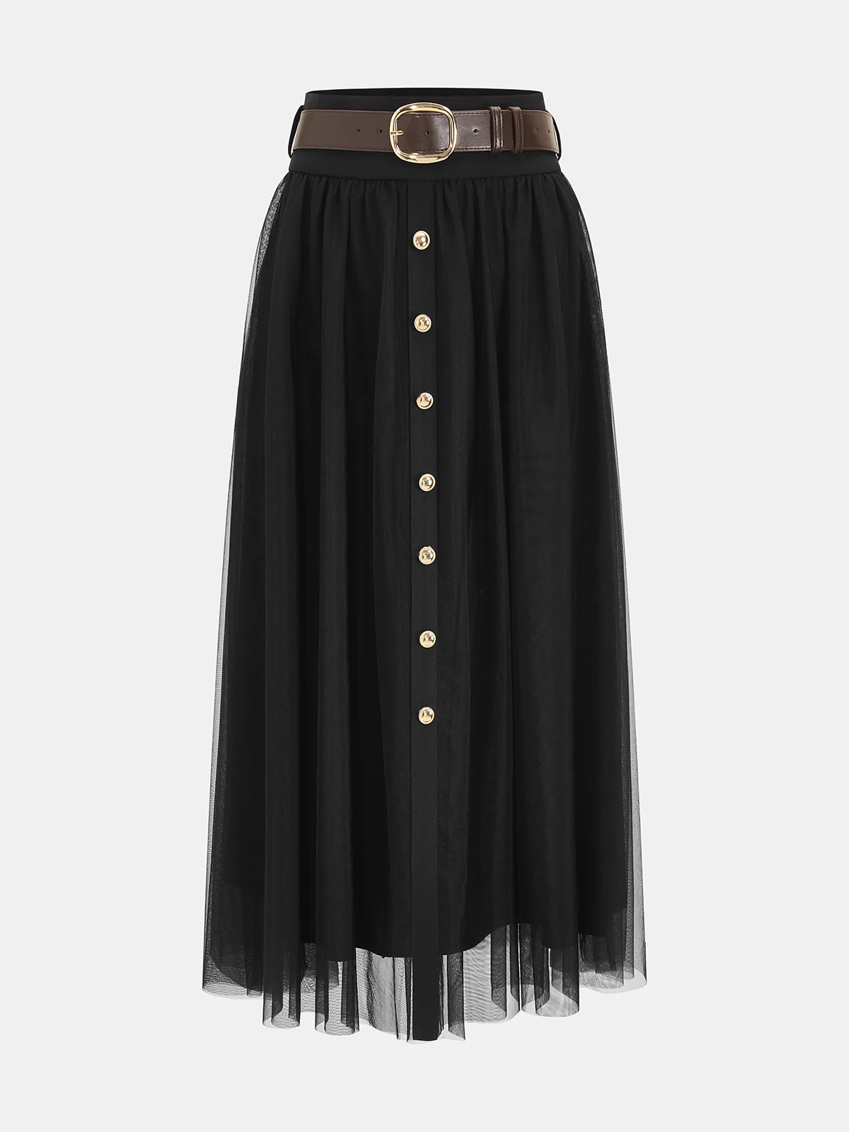 Metal Detail Tiered Mesh Belted Midi Skirt