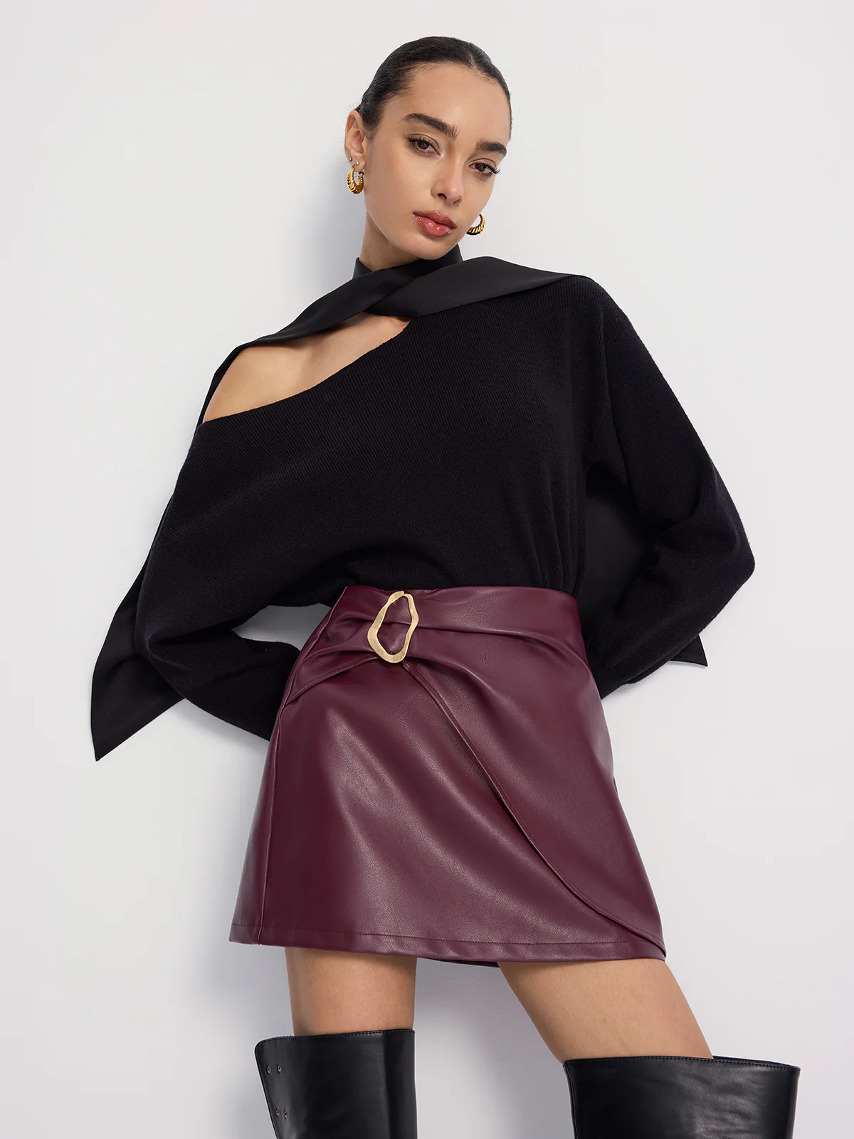 Metal-Detailed Faux Leather Wrap Mini Skirt