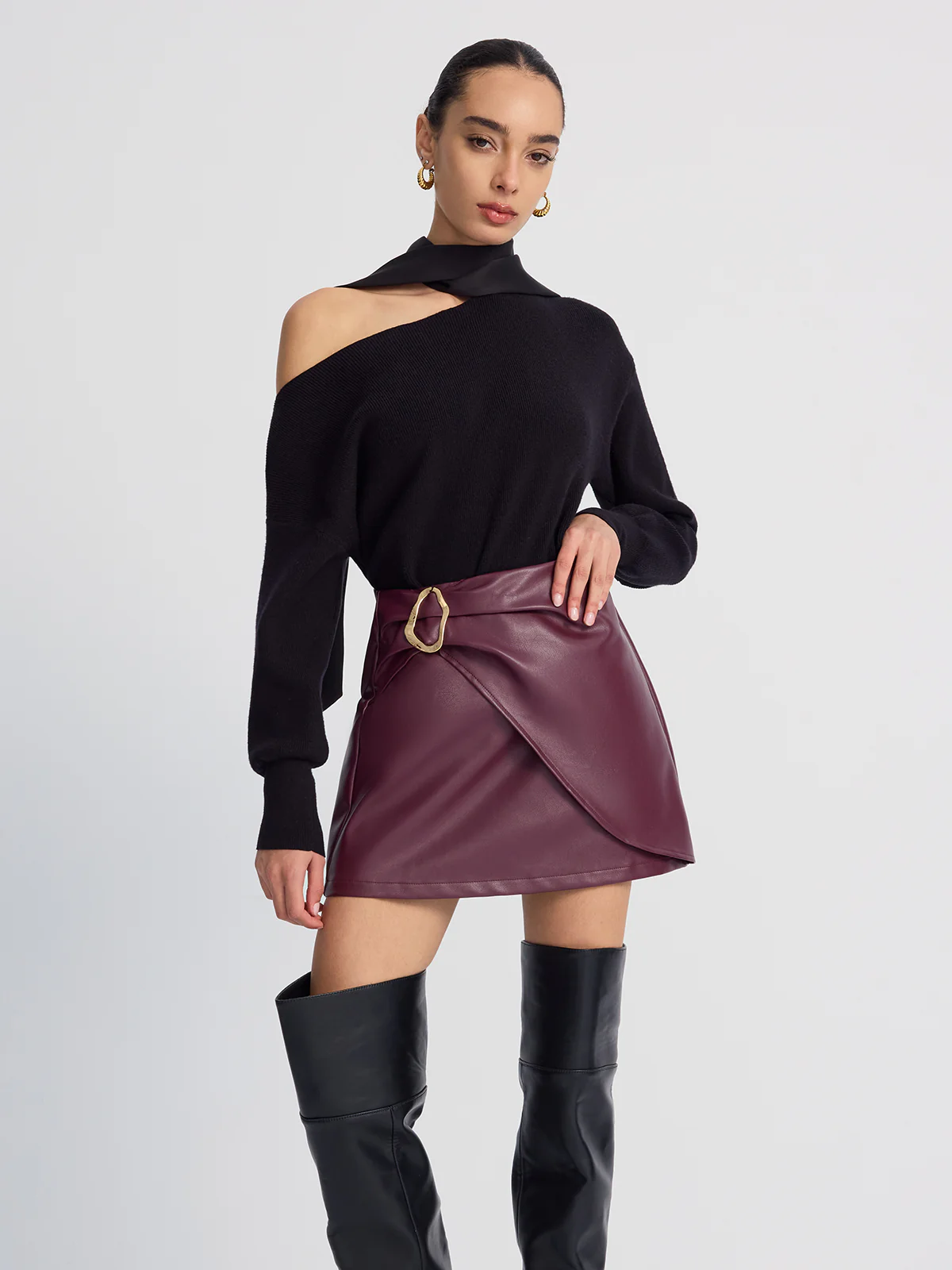 Metal-Detailed Faux Leather Wrap Mini Skirt - Image 3