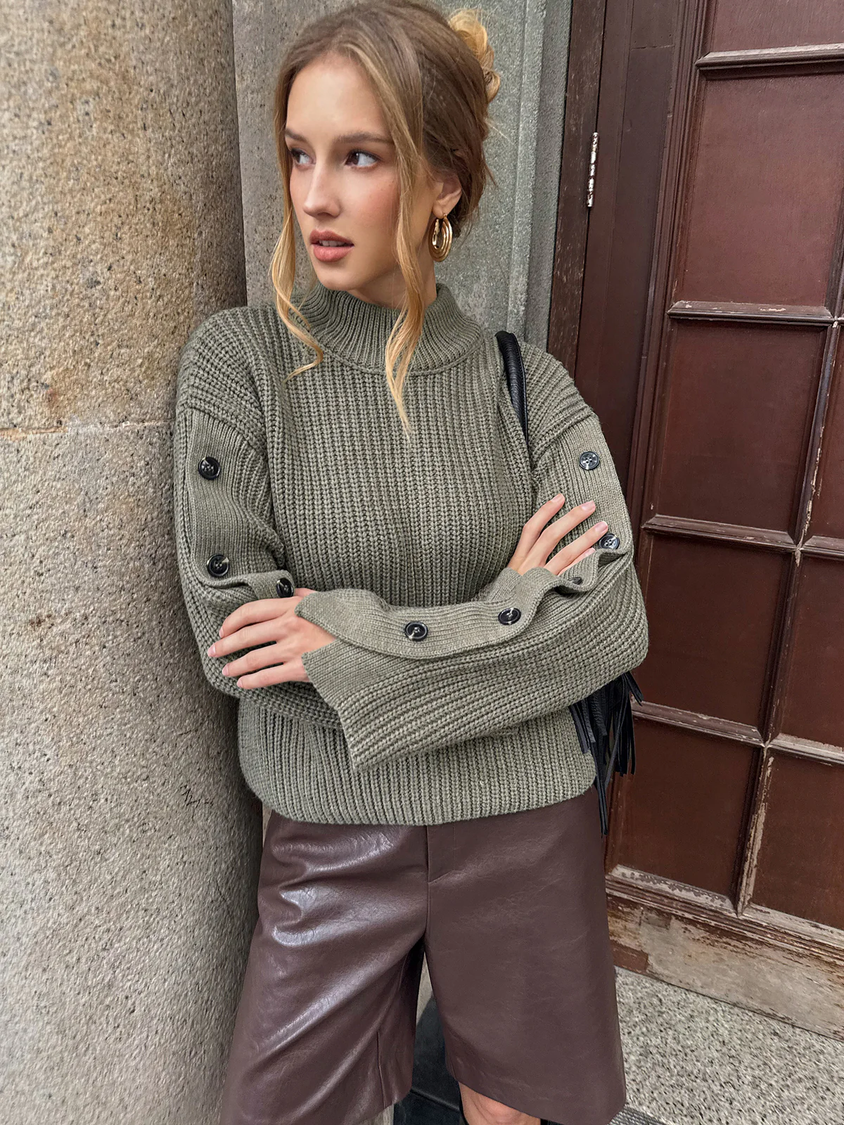 Mock Neck Button-Detail Sleeve Sweater - Image 3
