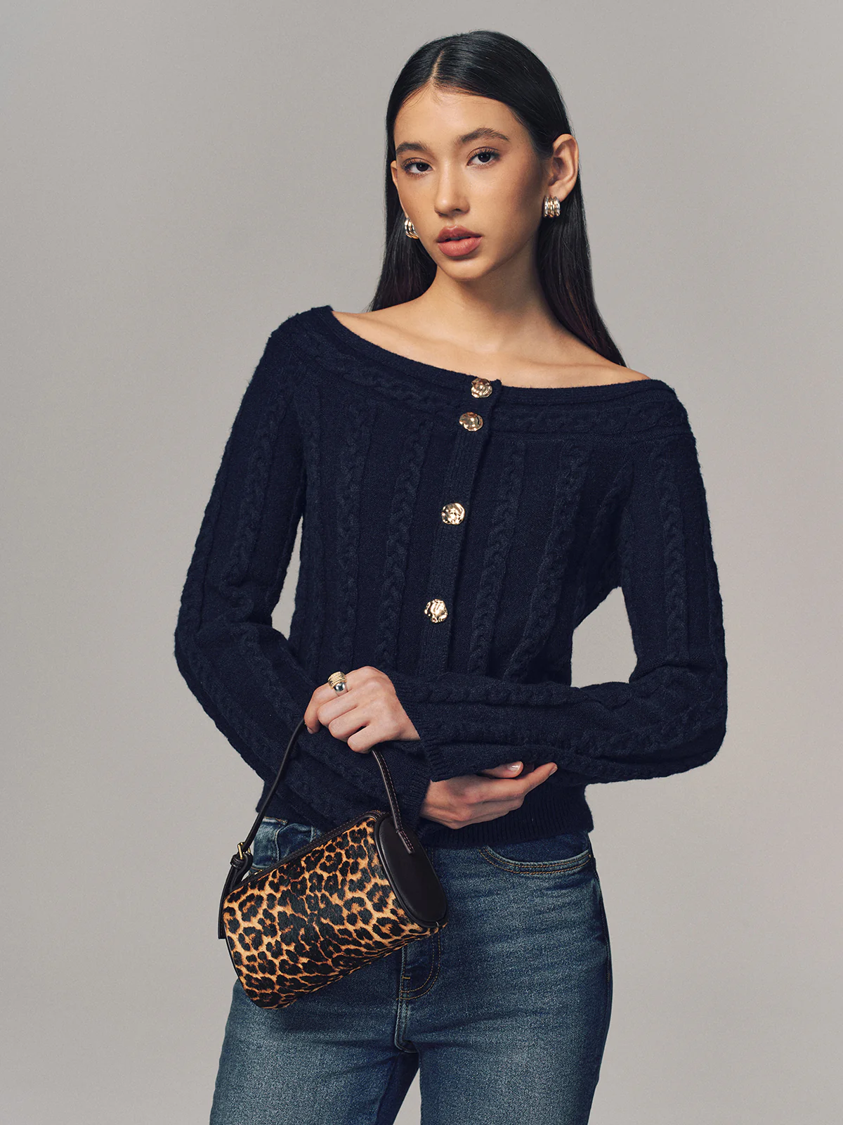 Multi-Way Cable Knit Boat Neck Metal Detail Knitted Top