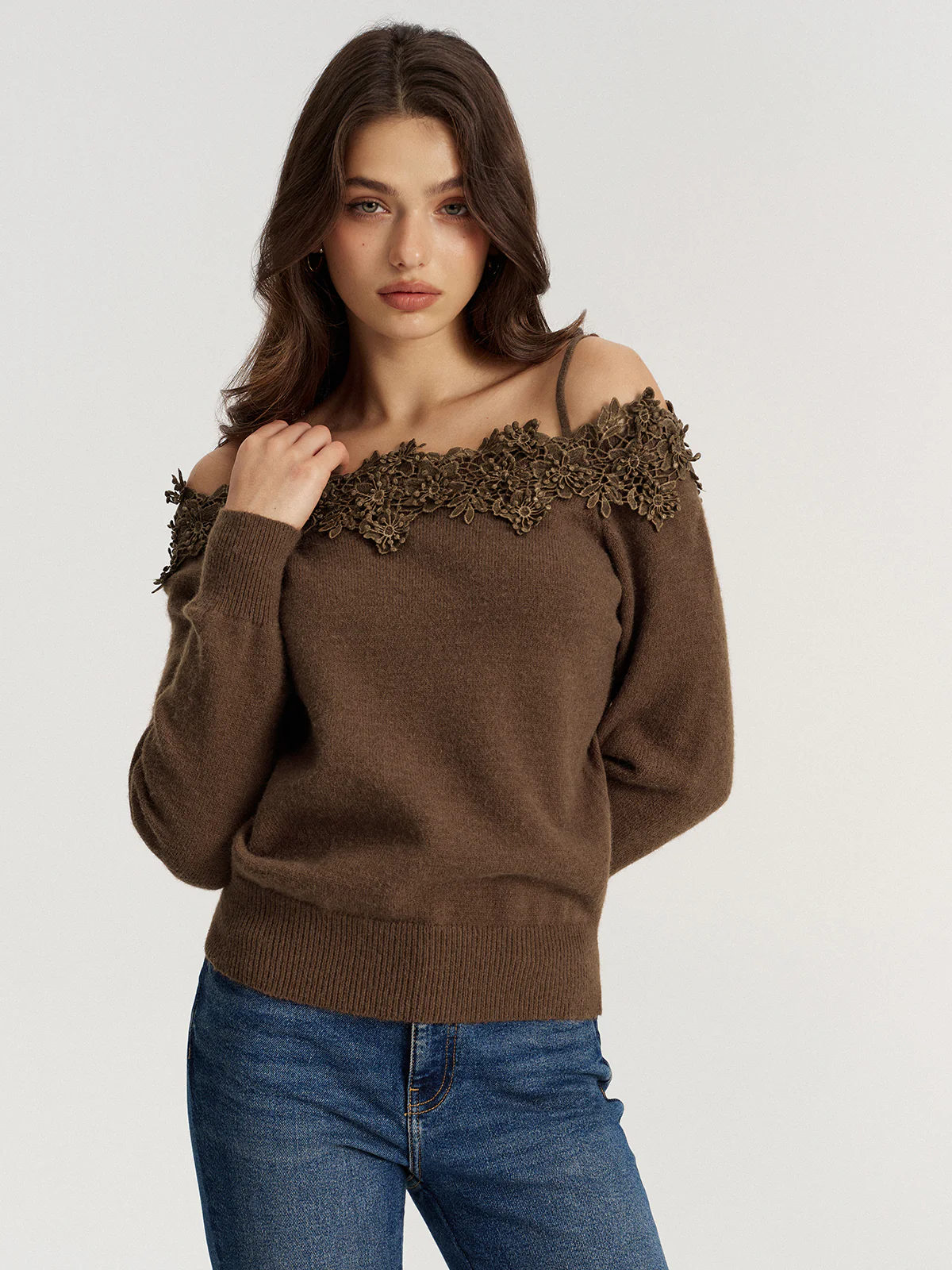 Off Shoulder Floral Lace Trim Sweater - Image 4