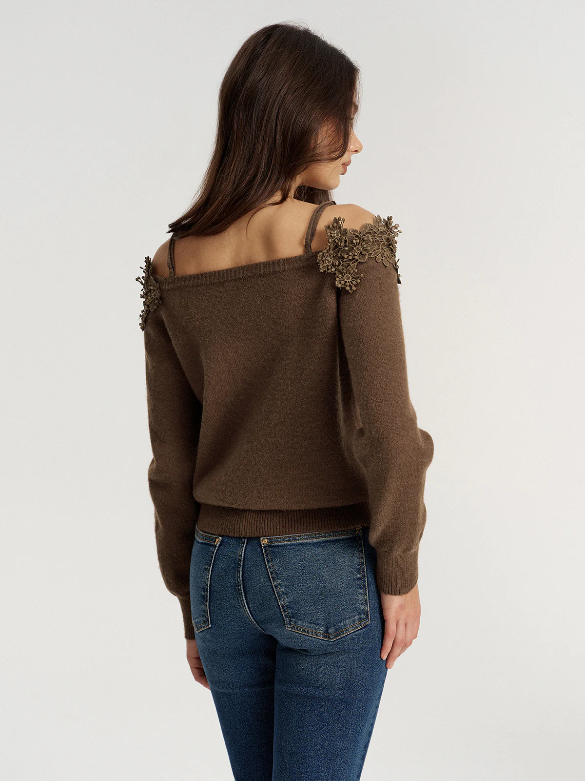 Off Shoulder Floral Lace Trim Sweater - Image 6