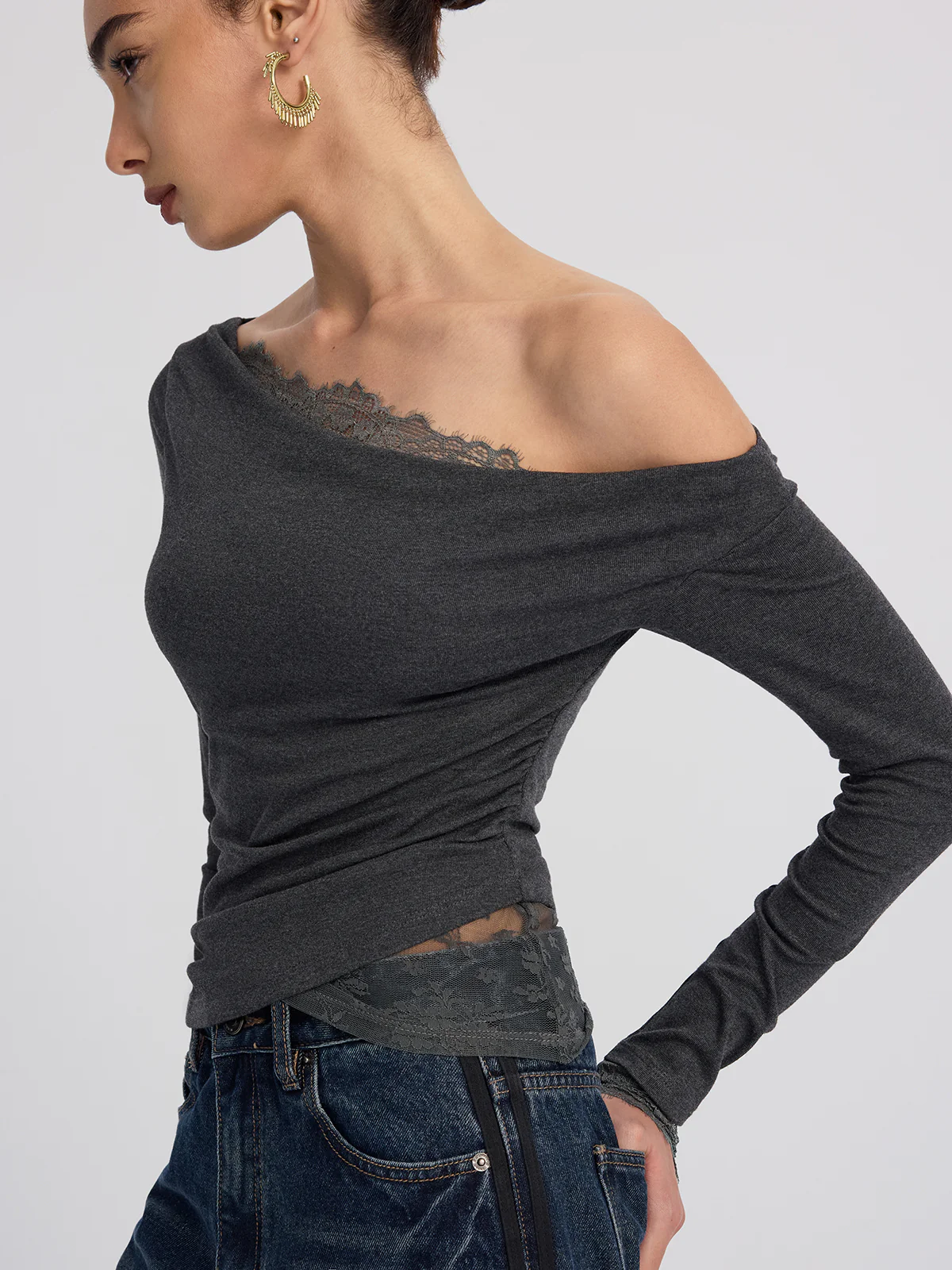 Off-Shoulder Lace-Trim Long-Sleeve Top - Image 4