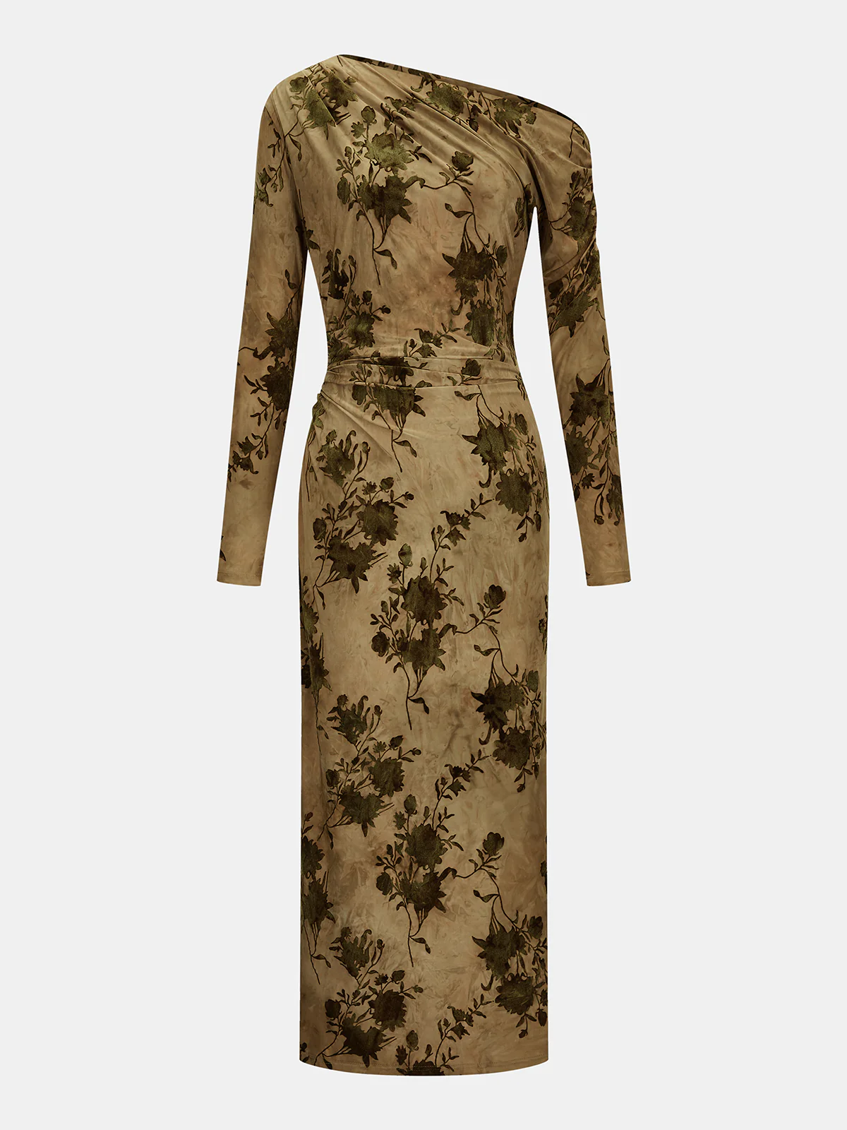 One-Shoulder Flocked-Floral Midi Dress