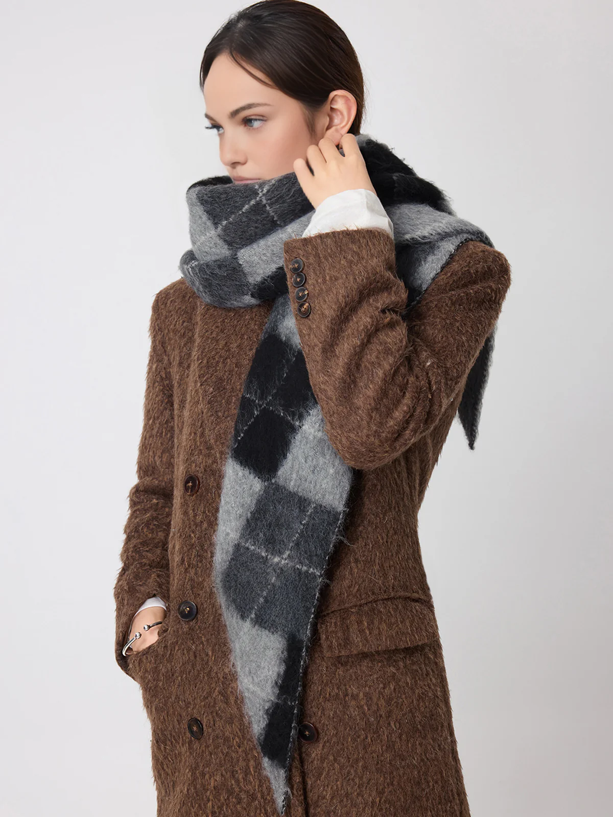Wool Blend Plaid Knit Triangle Scarf - Image 3
