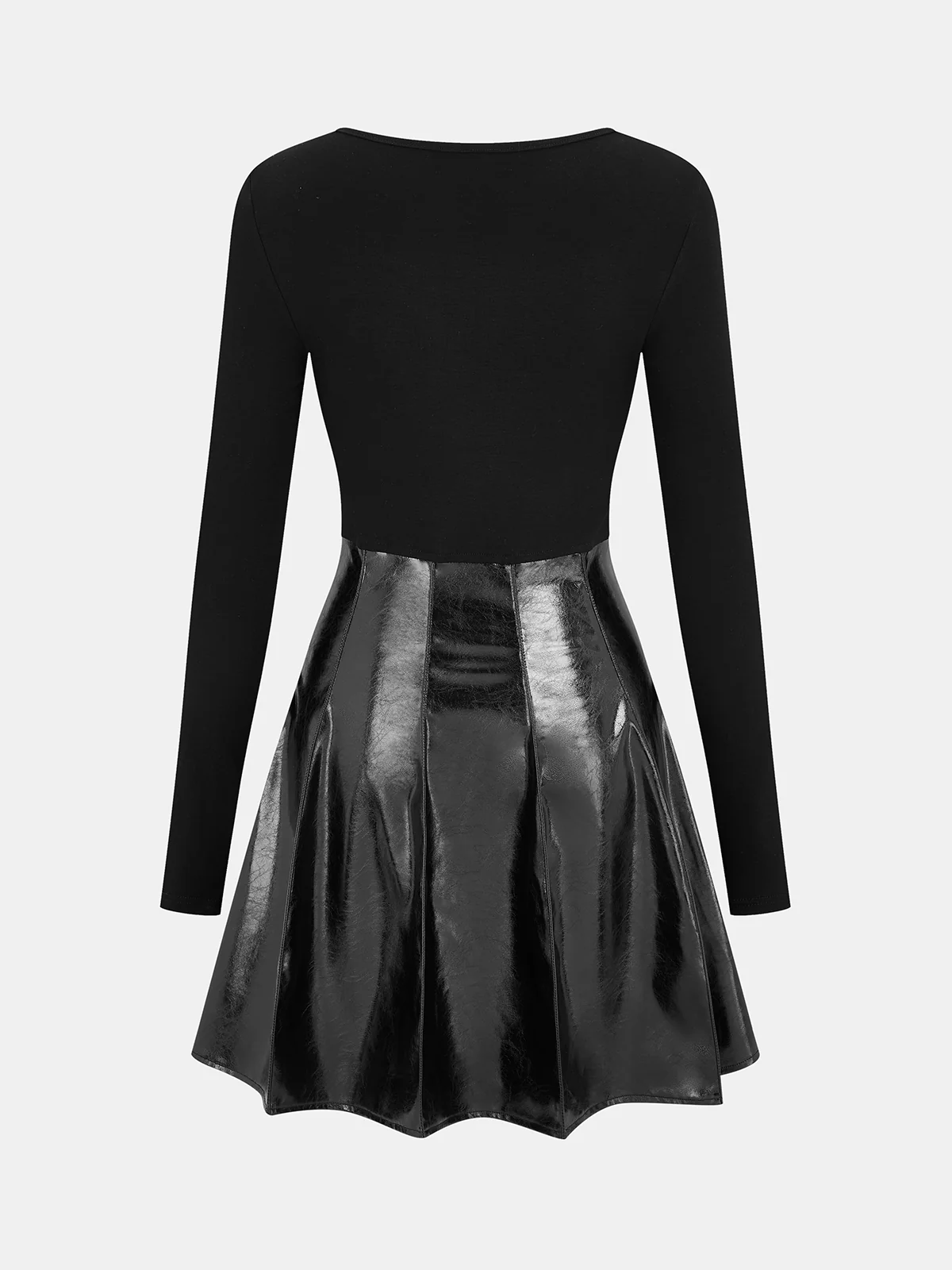 Pleated Faux Leather Panel Long-Sleeve Dress - Image 2