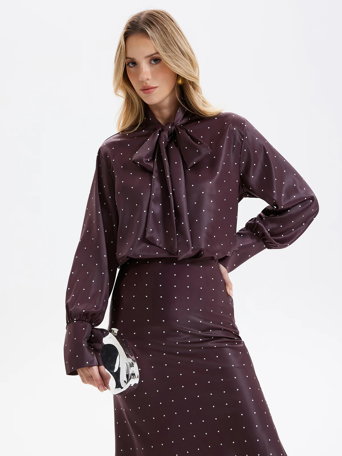Polka Dot Bow-Tie Blouse and Midi Skirt set - Image 3