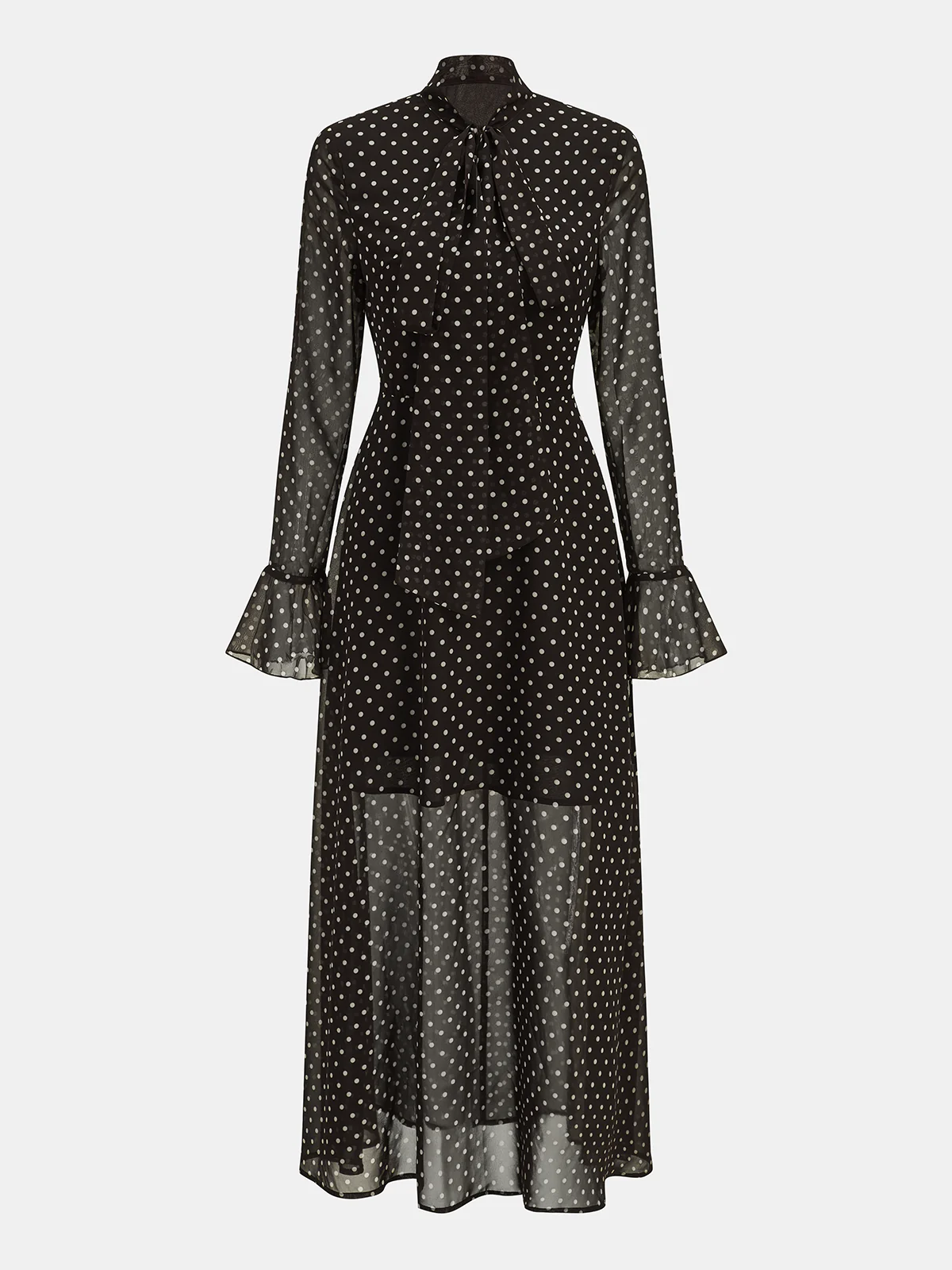 Polka Dot Chiffon Tie-Neck Flared Cuff Maxi Dress - Image 2