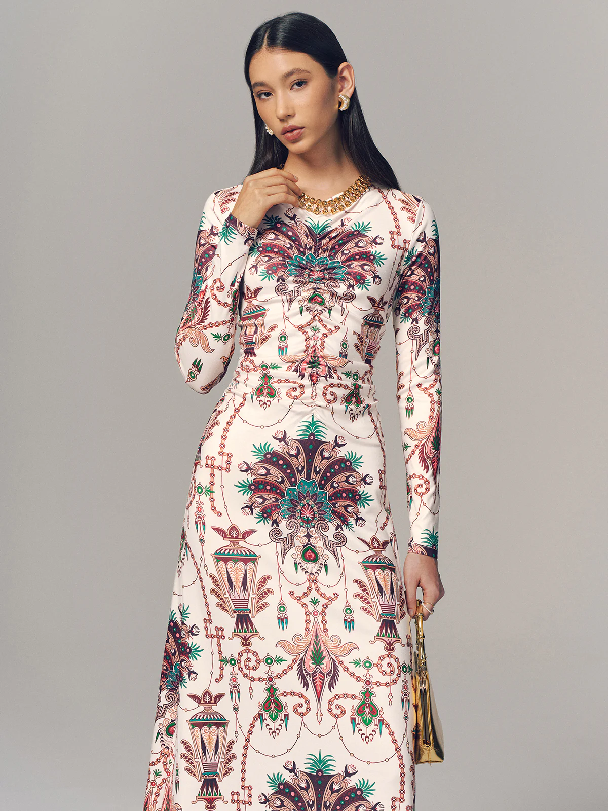 Ruched Printed Long-Sleeve Maxi Dress - Image 3