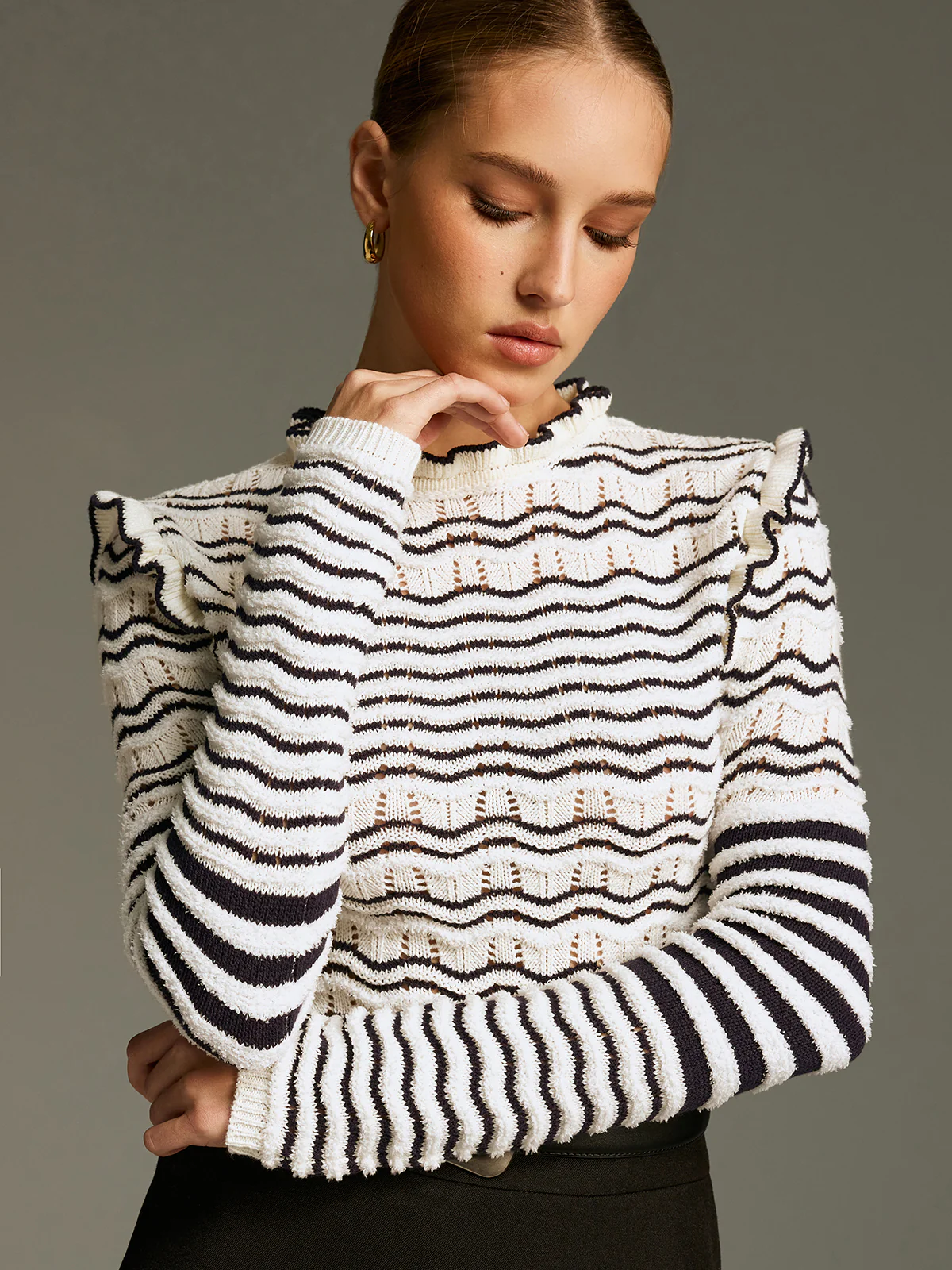 Ruffled Striped Openwork Knit Top - Image 3