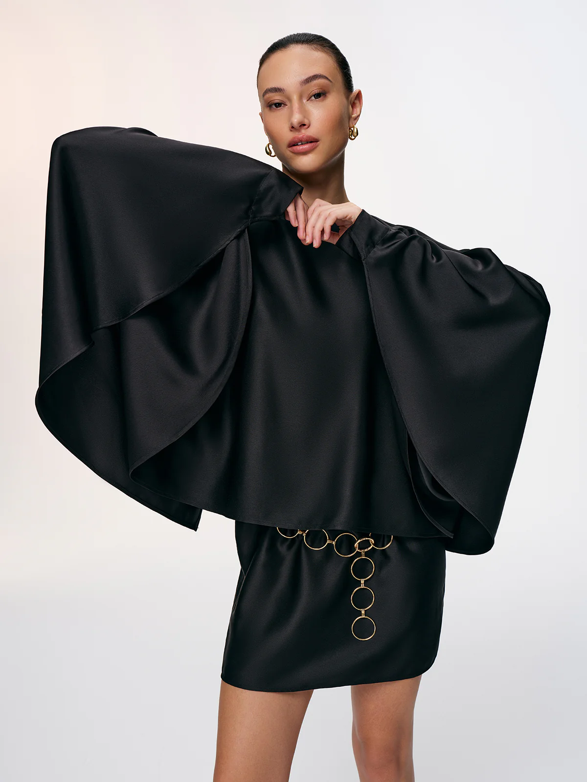 Satin Cape Sleeve Mini Dress with Chain Belt
