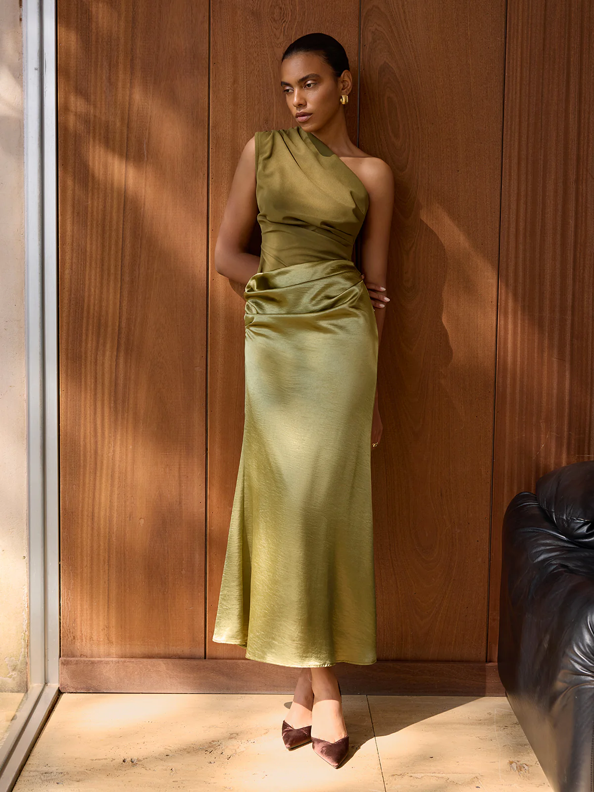 Satin One-Shoulder Ruched Maxi Dress - Image 2