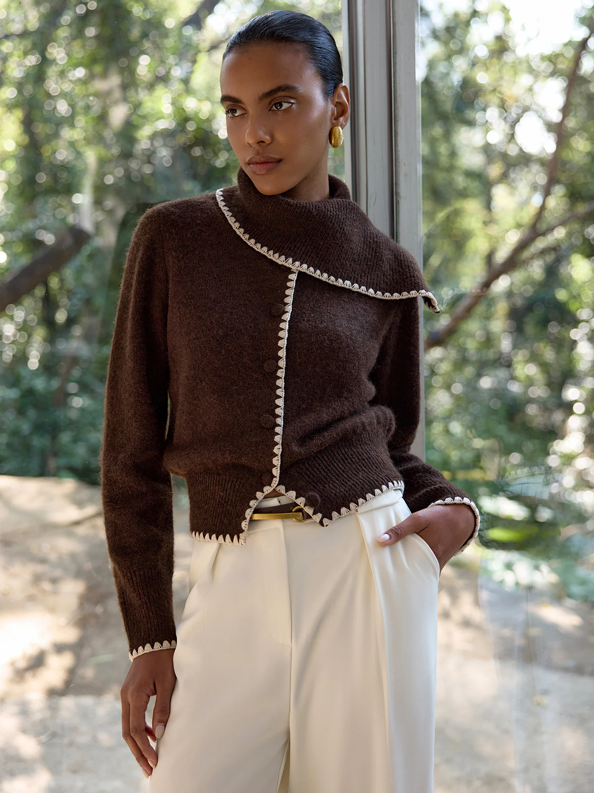 Scalloped Trim Wool-Blend Knit Cardigan - Image 4