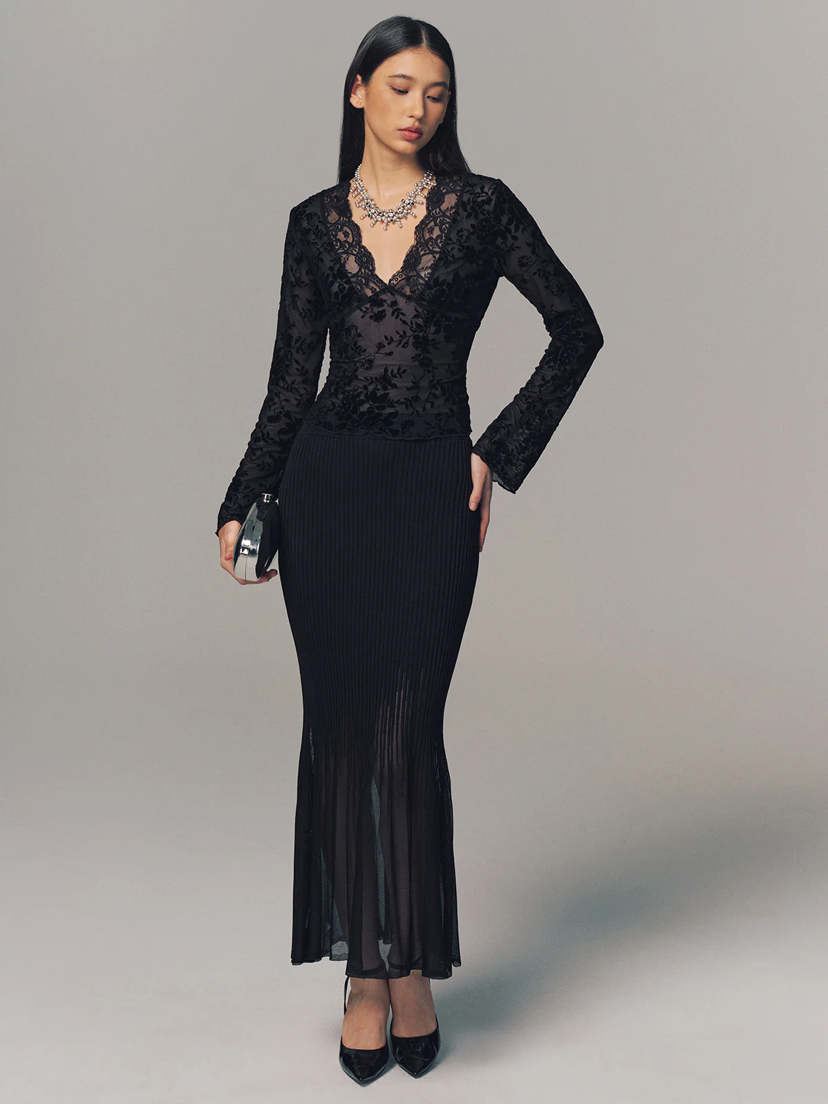 Semi-Sheer Lace V-Neck Blouse - Image 4