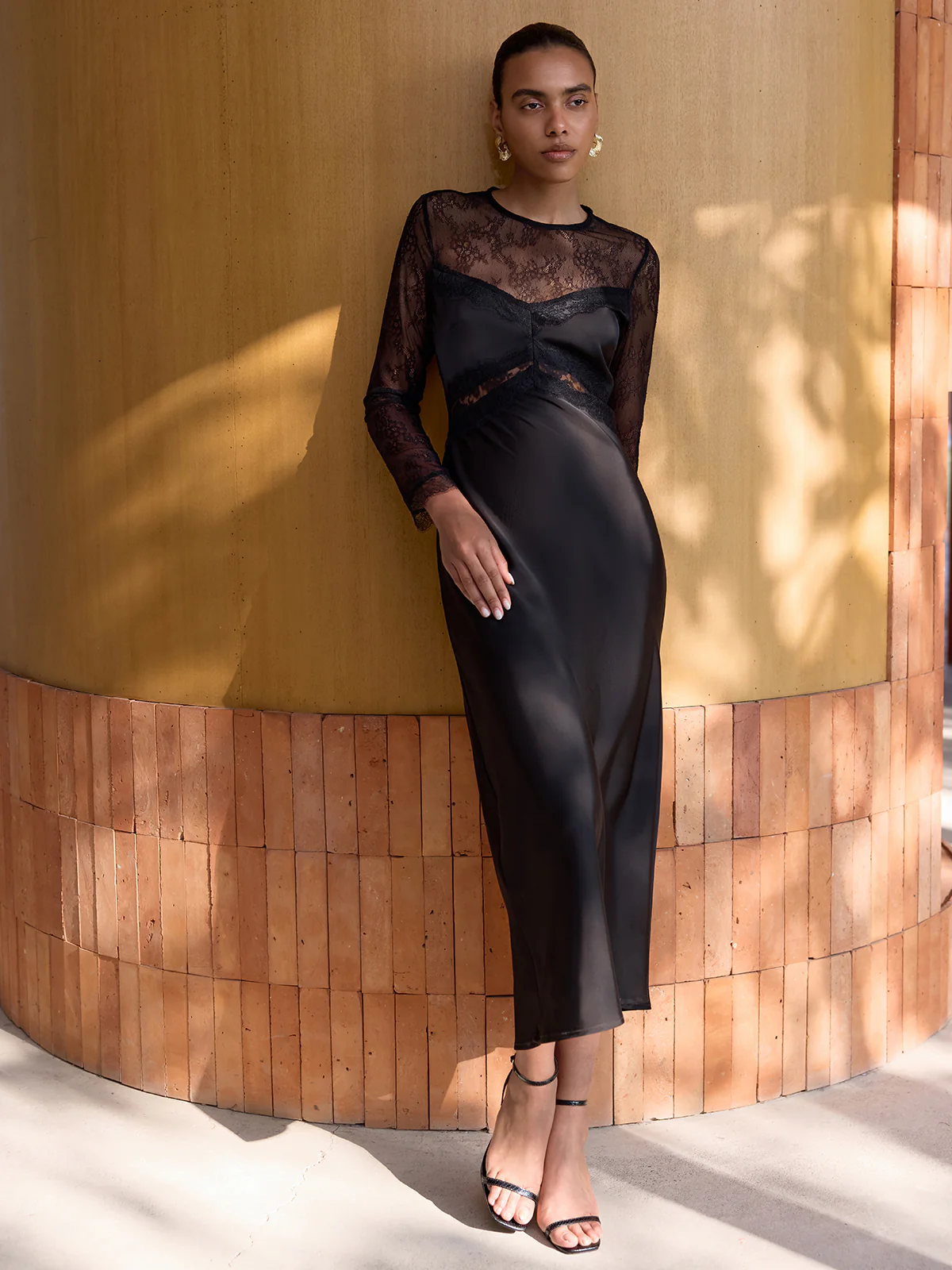 Sheer Lace Panel Satin Midi Dress - Image 6