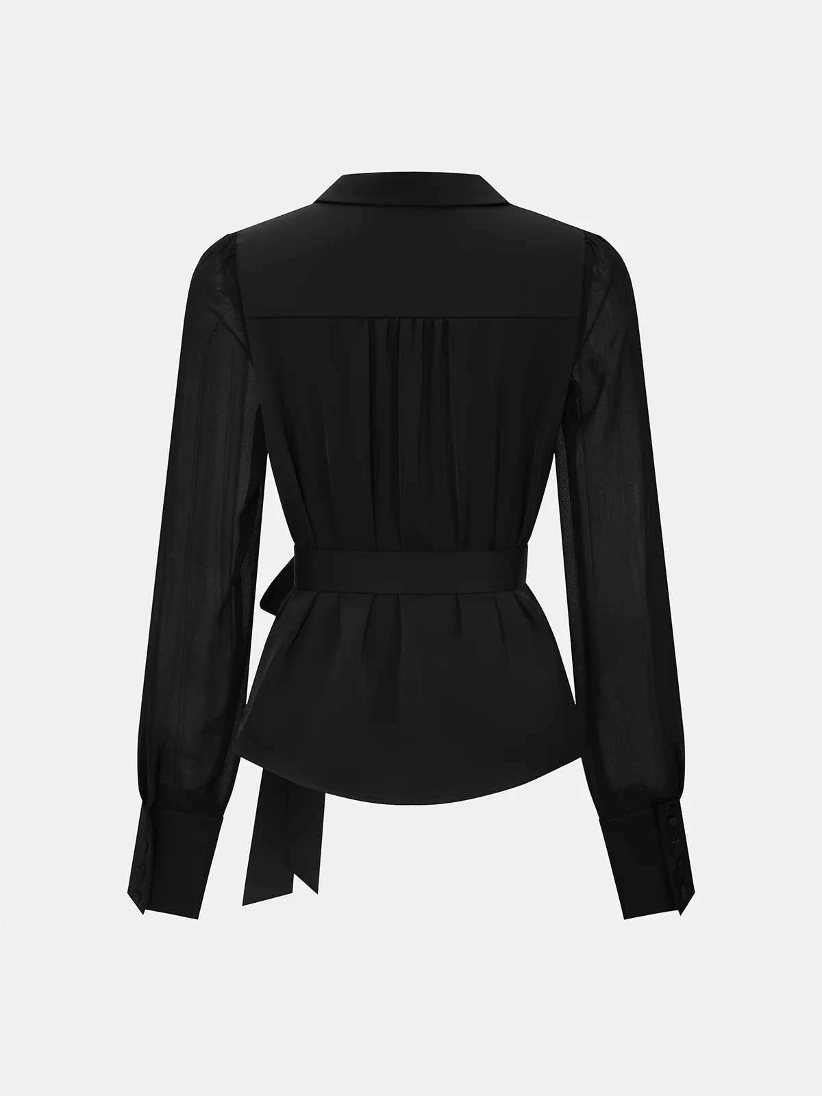 Sheer Long Sleeve Tie-Waist Satin Shirt - Image 3
