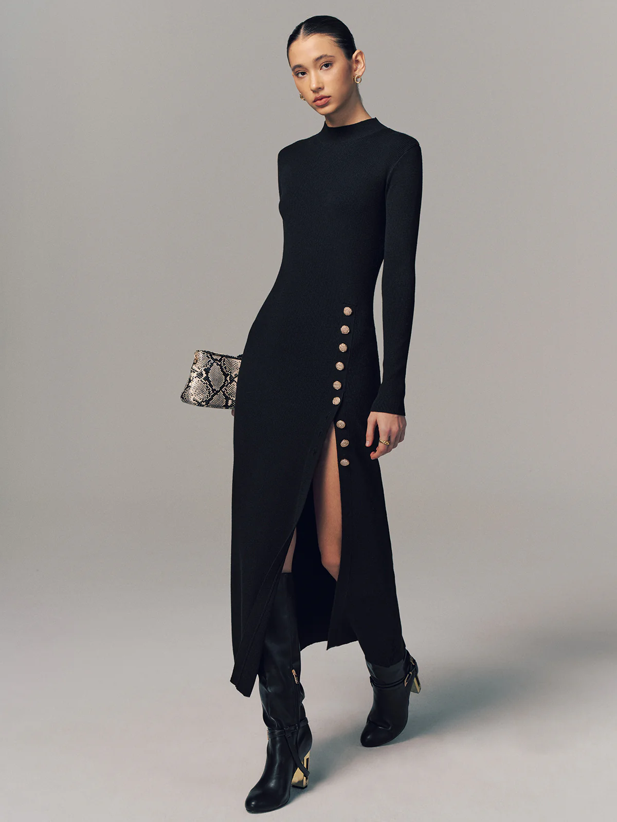 Side Button Slit Rib-Knit Maxi Dress - Image 2