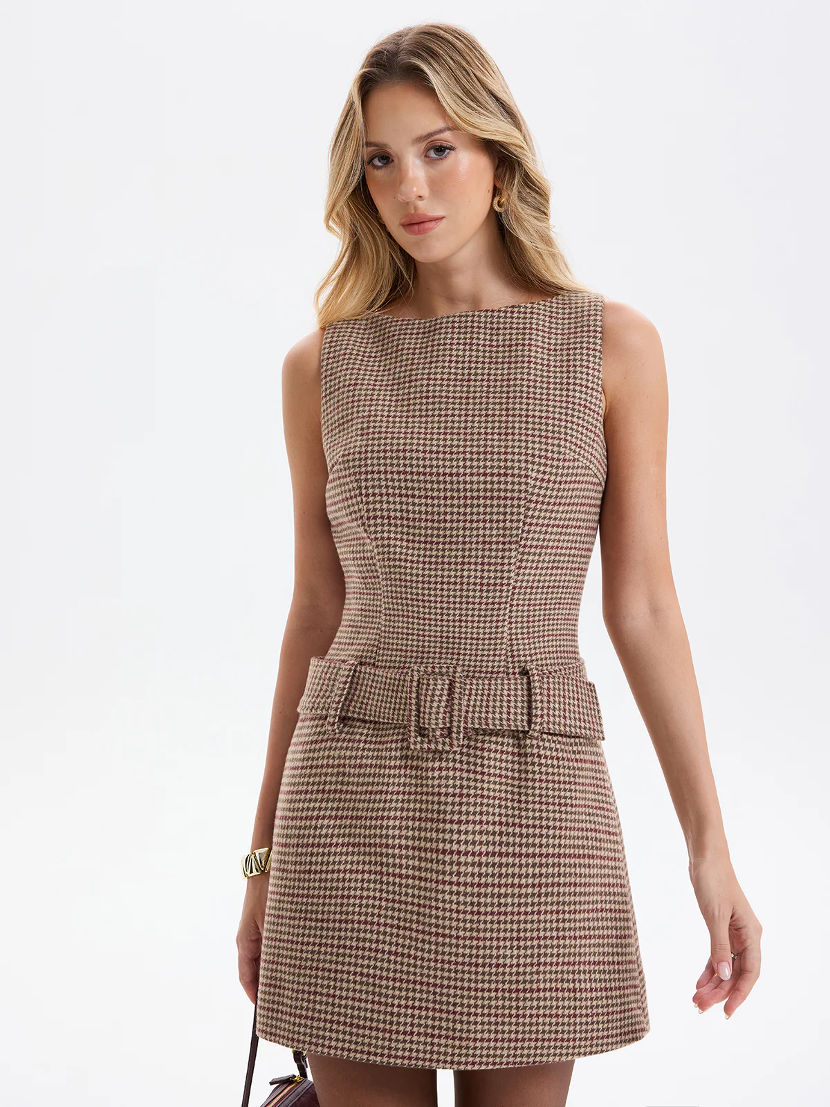 Sleeveless Belted Houndstooth Sheath Mini Dress - Image 4