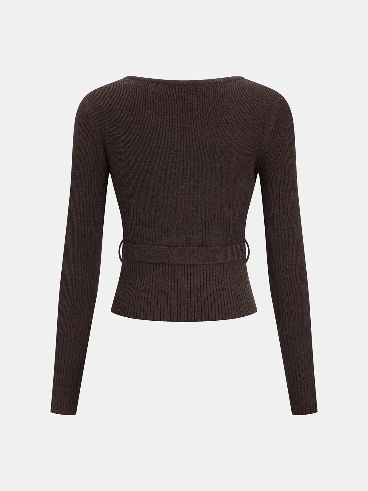Square Neck Belted Wool-Blend Ribbed Sweater - Image 3
