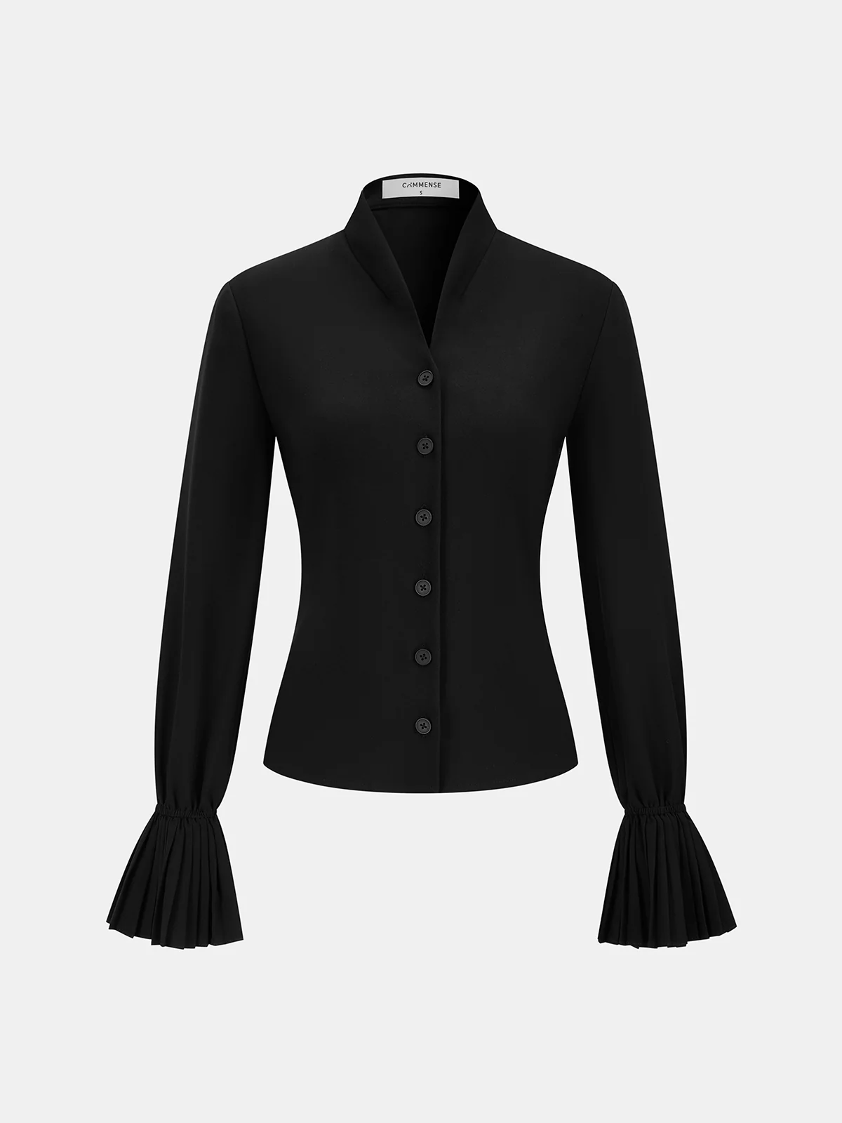 Stand Collar Pleated Cuff Button-Front Blouse - Image 2