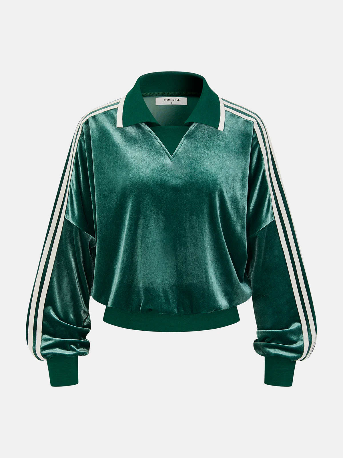 Striped Sleeve Velvet Polo Neck Sweatshirt