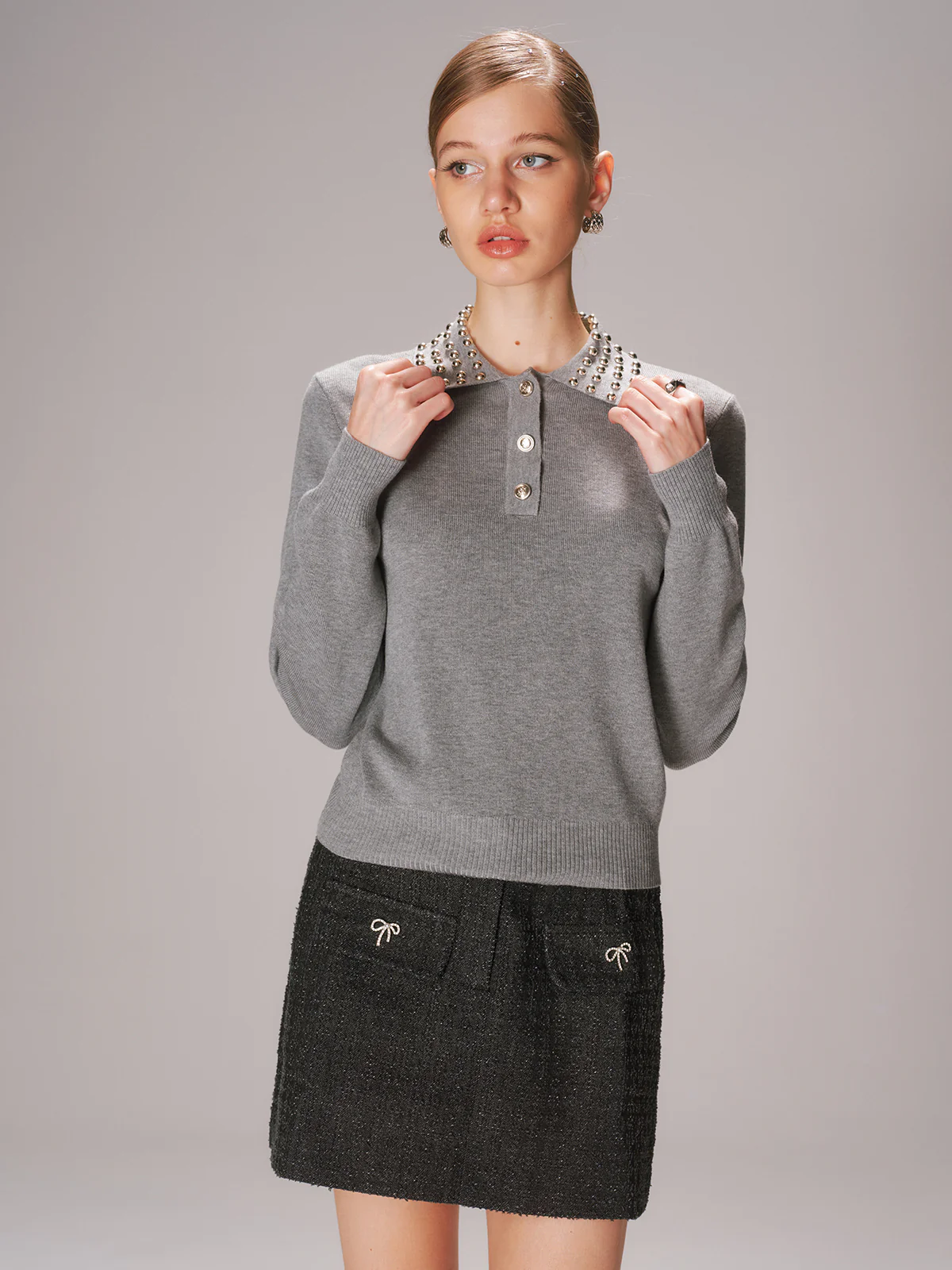 Studded Collar Wool-Blend Knit Polo Sweater - Image 3
