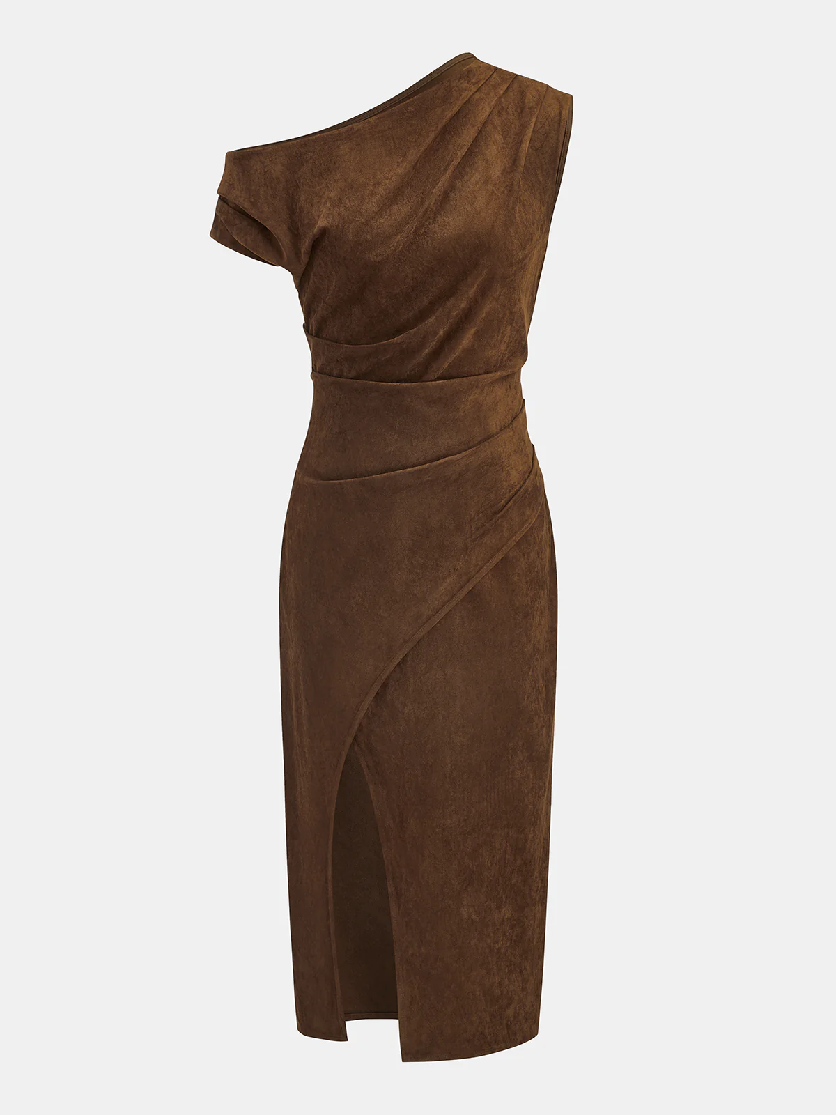 Suede Effect One-Shoulder Ruched Midi Dress