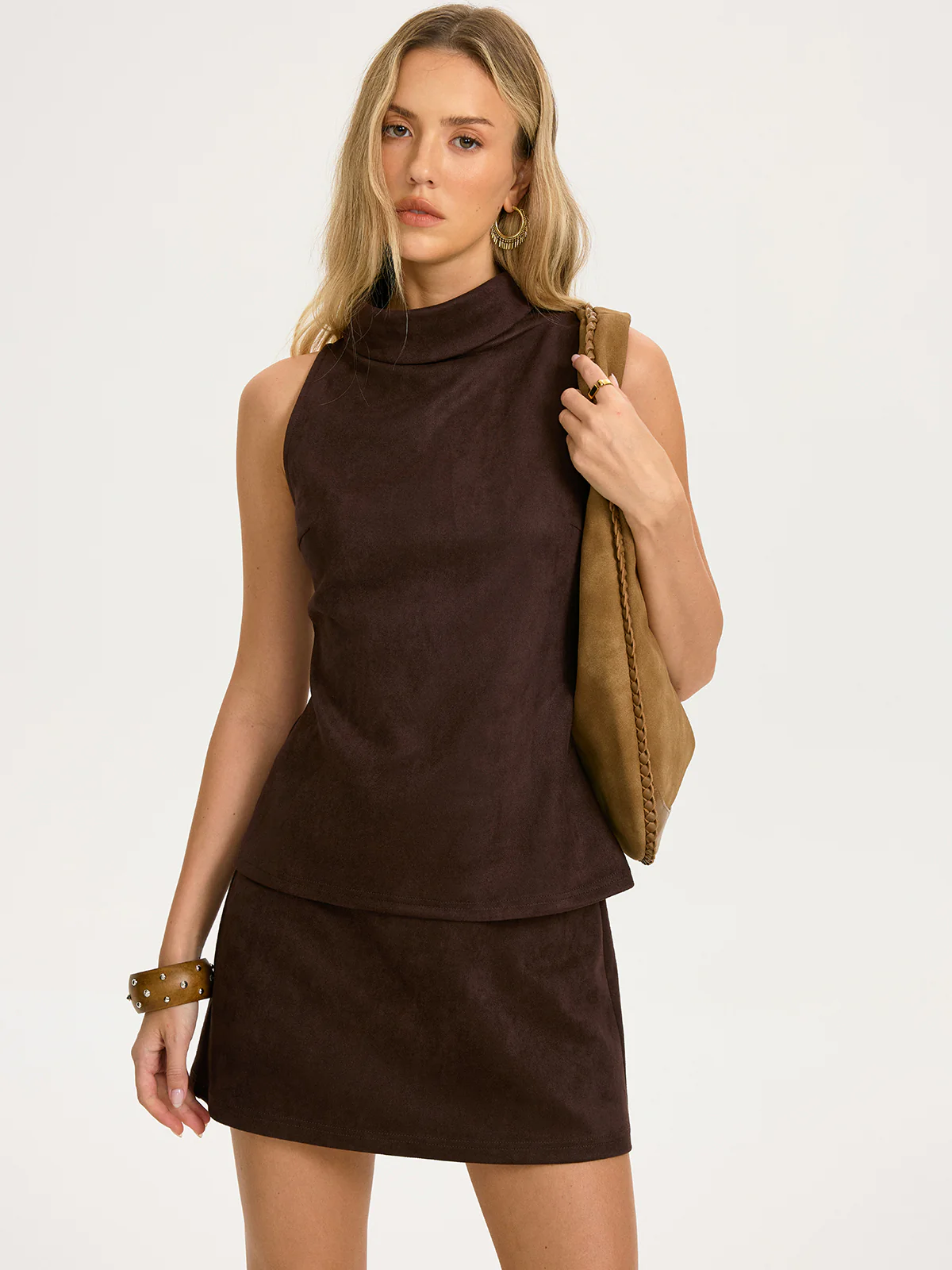 Suede Effect Sleeveless Top & Mini Skirt Set - Image 2