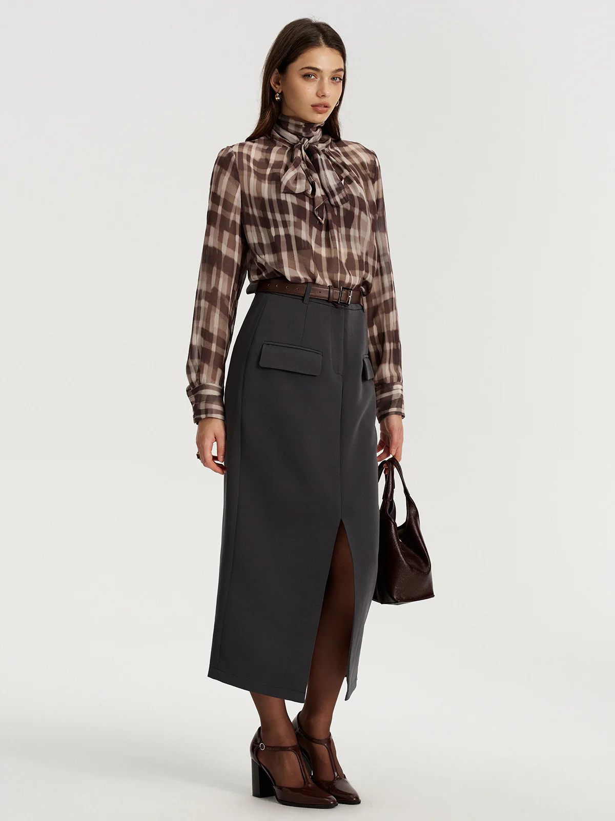 Tie Neck Plaid Semi-Sheer Chiffon Blouse - Image 4