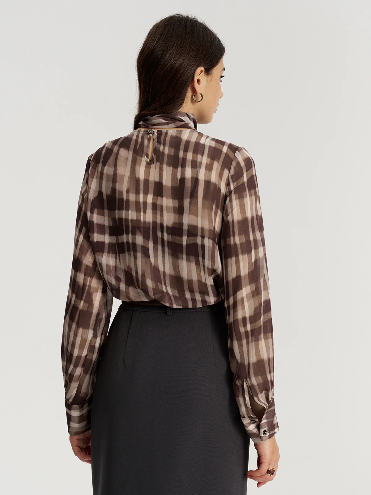 Tie Neck Plaid Semi-Sheer Chiffon Blouse - Image 6