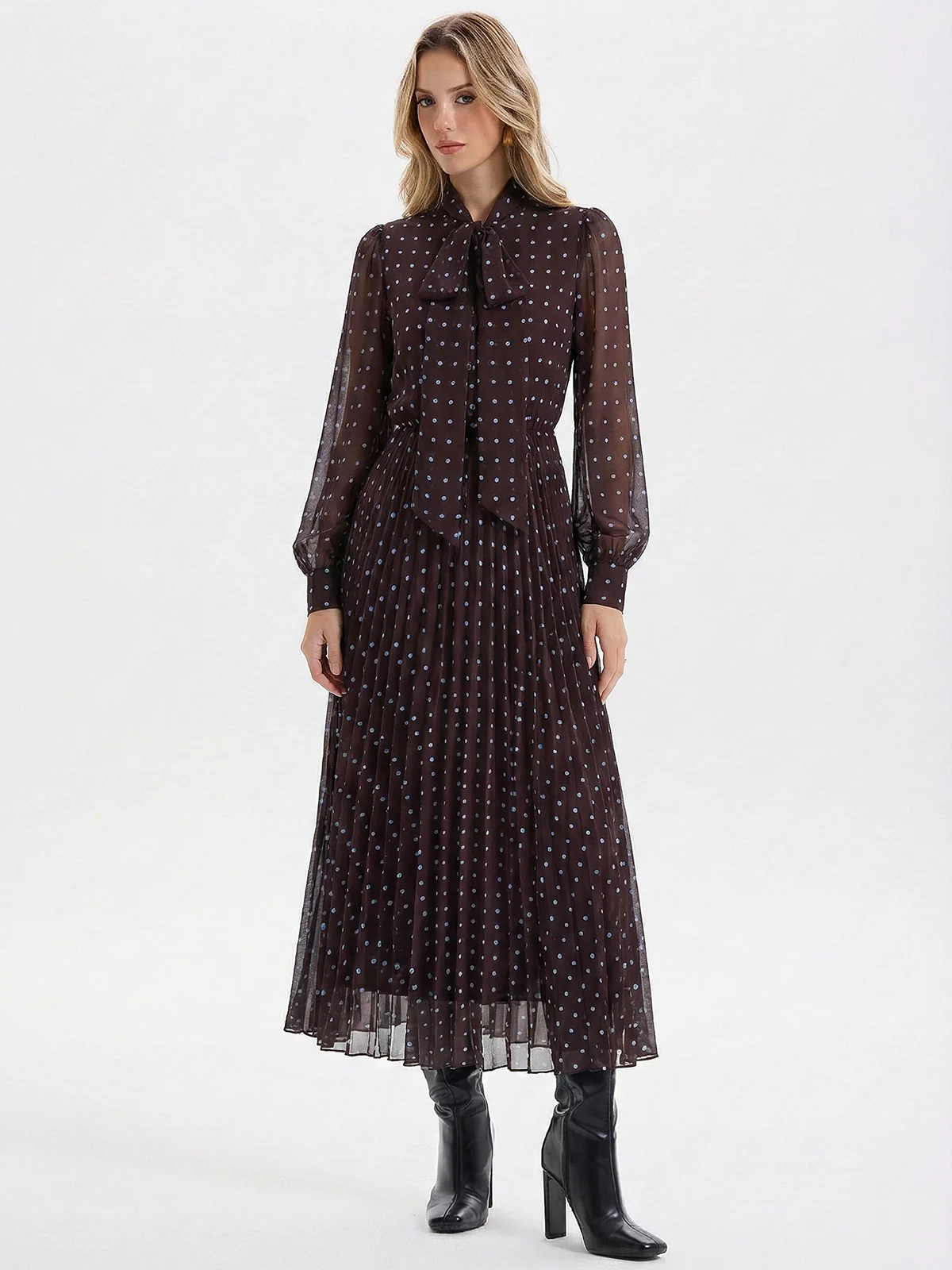 Tie-Neck Pleated Polka Dot Chiffon Maxi Dress