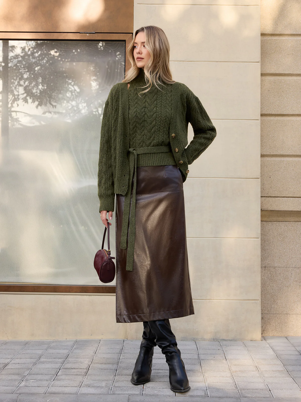 Turtleneck Cable Knit Top & Cardigan Two-Piece Set - Image 3