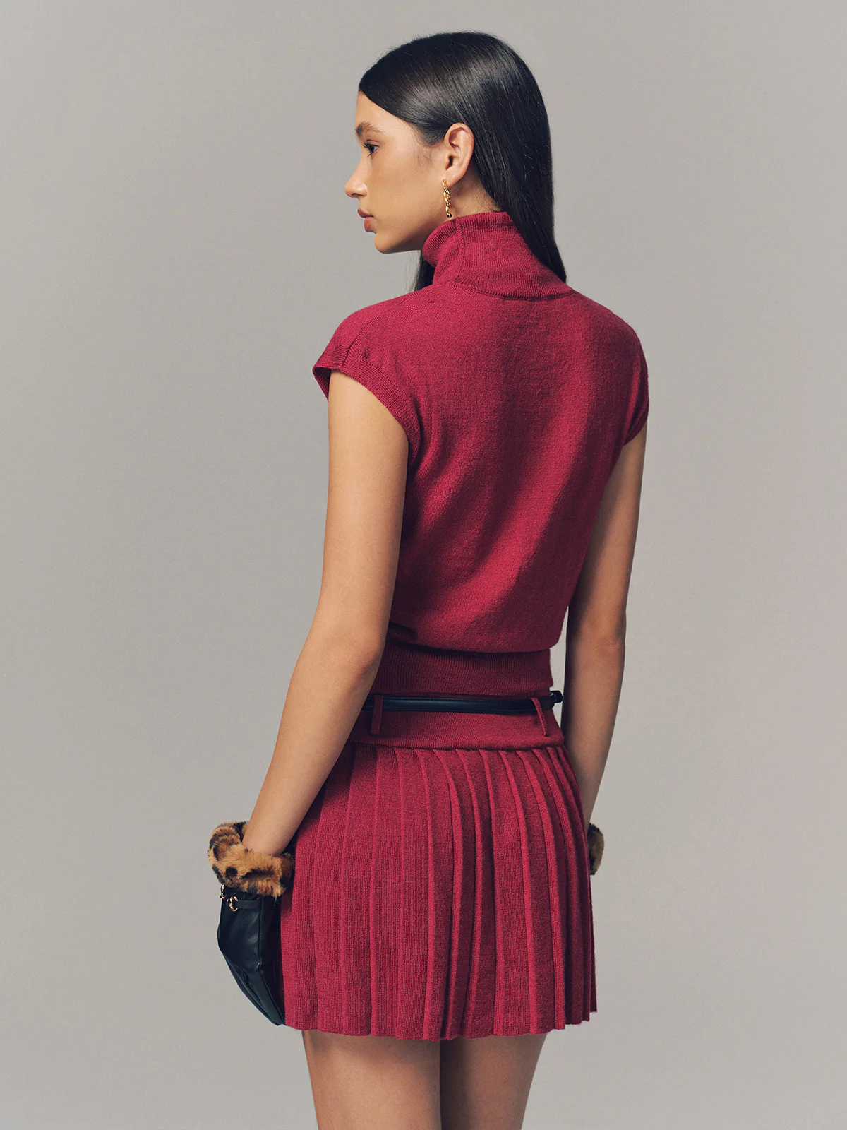 Turtleneck Top & Pleated Mini Skirt Set with Belt - Image 6