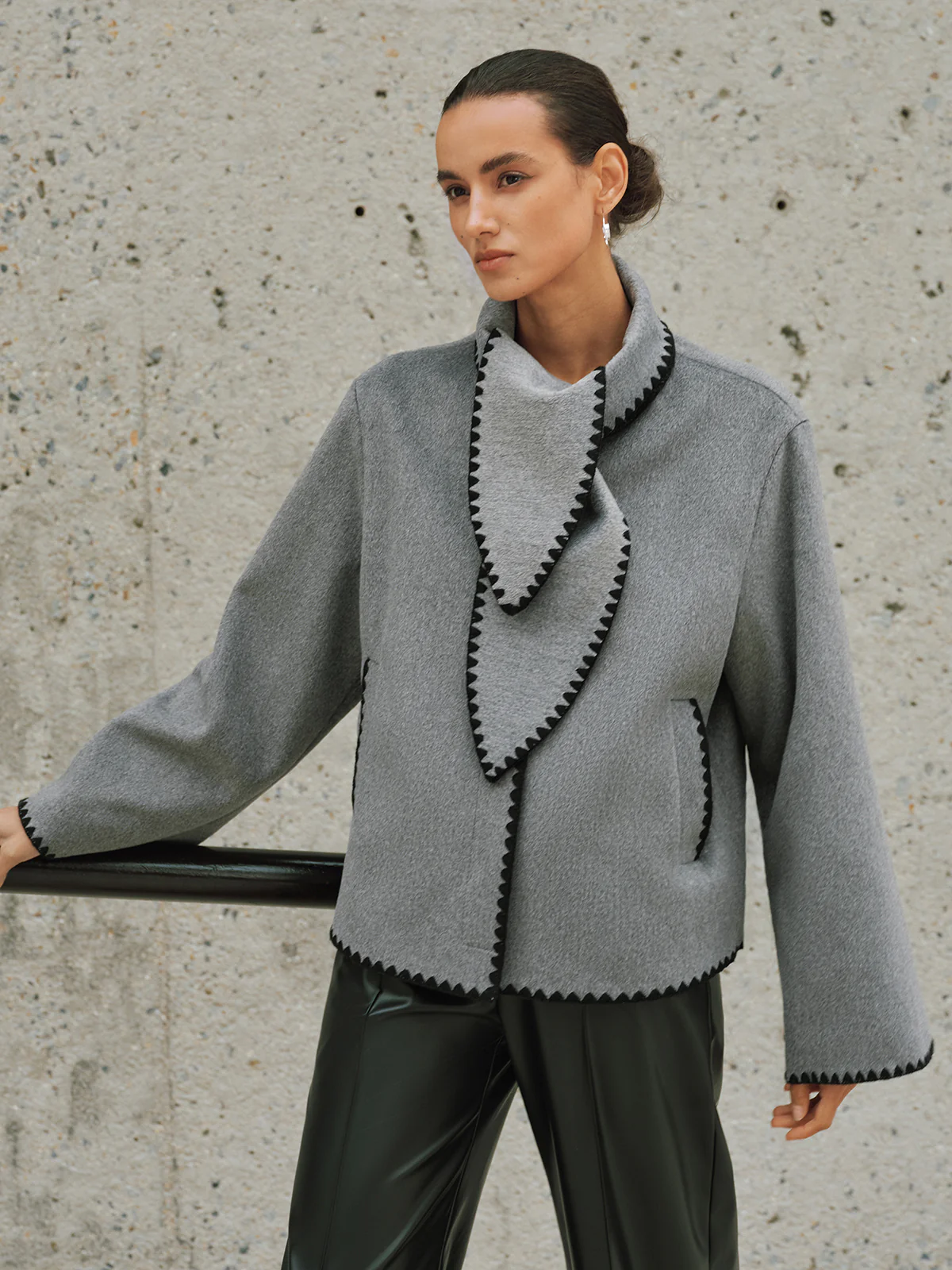 Tweed Contrast-Trim Knot-Collar Coat - Image 3